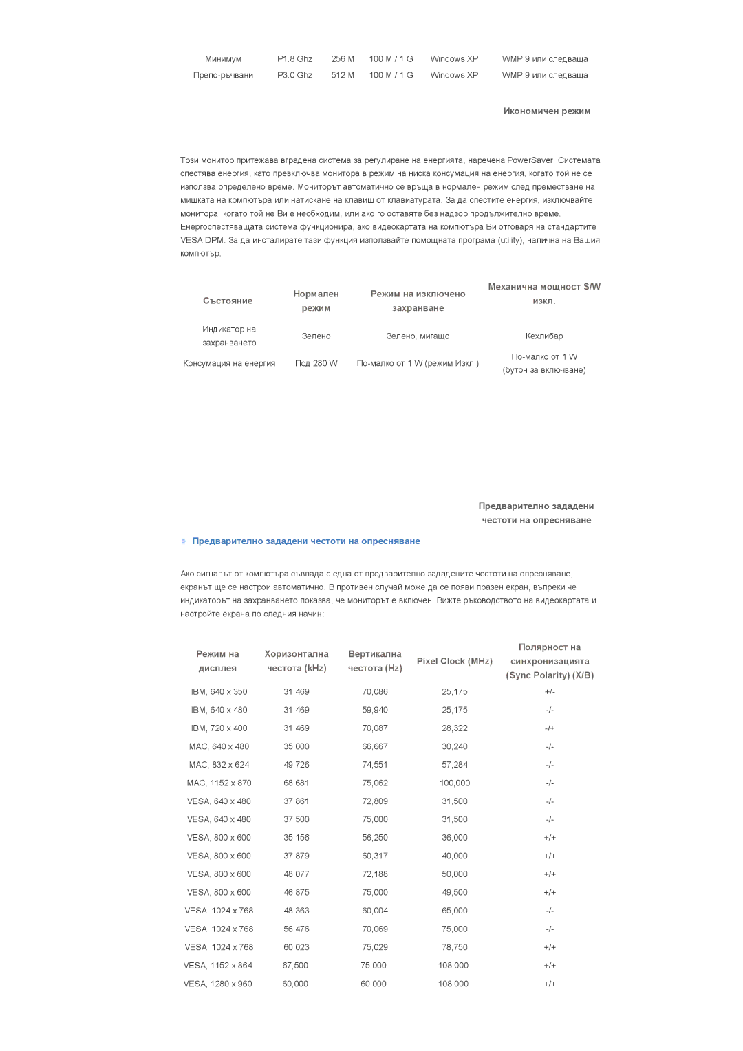 Samsung LS40BPPNS/EDC, LS46BPPNB/EDC, LS40BPTNB/EDC manual Икономичен режим, Предварително зададени честоти на опресняване 