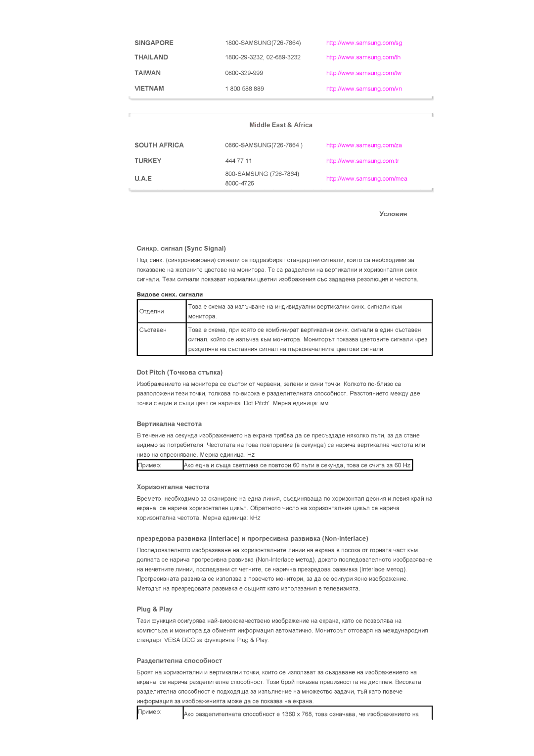 Samsung LS40BPPNS/EDC manual Условия Синхр. сигнал Sync Signal, Dot Pitch Точкова стъпка, Вертикална честота, Plug & Play 