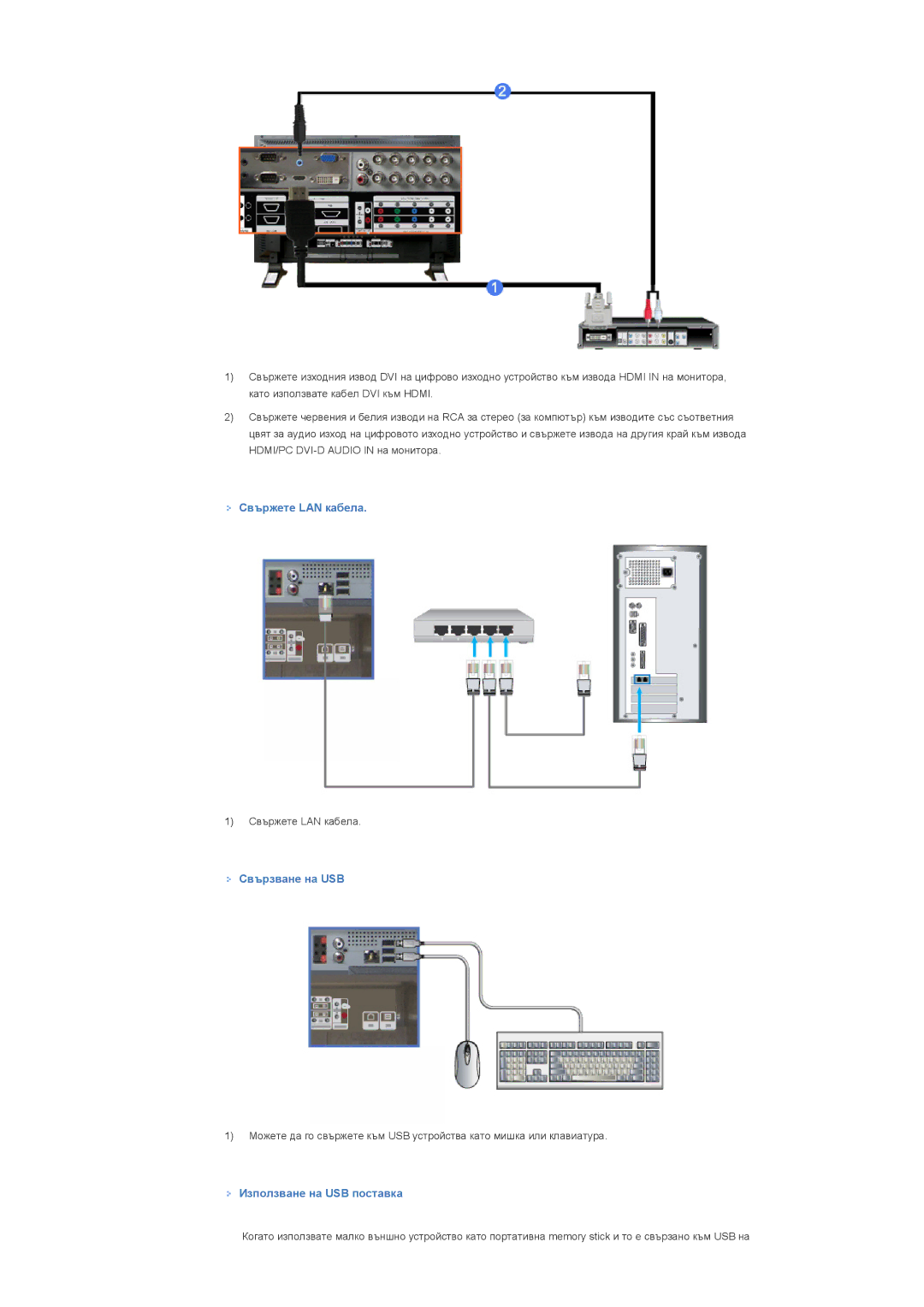 Samsung LS46BPPNB/EDC, LS40BPTNB/EDC, LS40BPPNB/EDC manual Свържете LAN кабела, Свързване на USB, Използване на USB поставка 