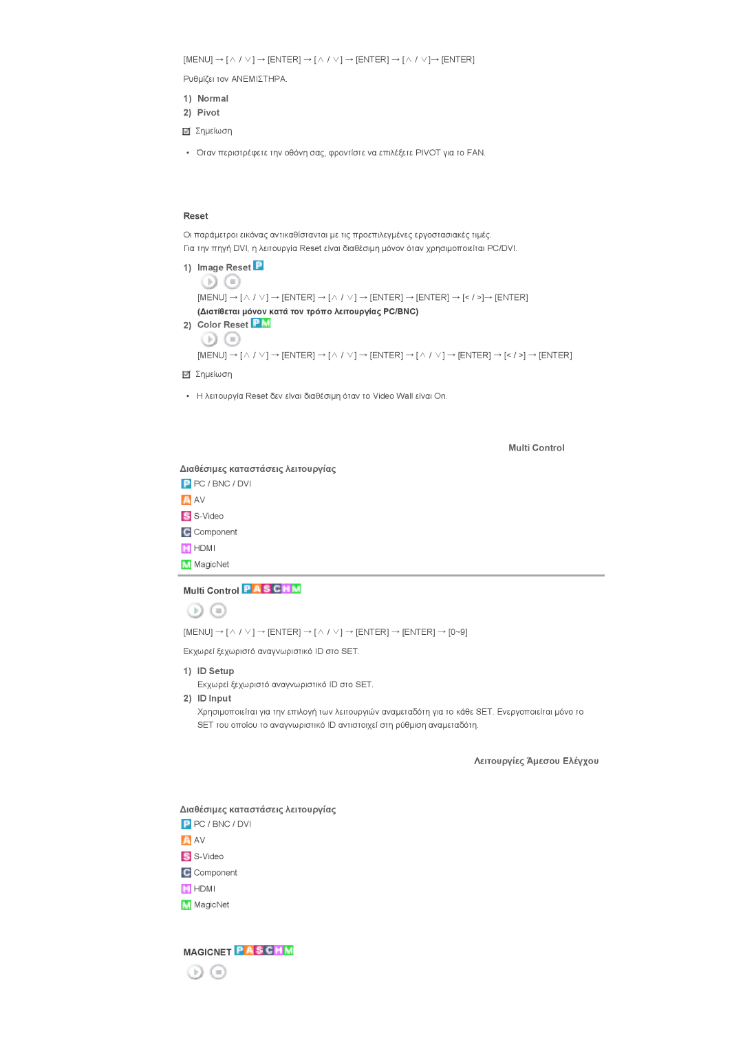 Samsung LS40BPPNS/EDC Normal Pivot, Image Reset, Color Reset, Multi Control ∆ιαθέσιµες καταστάσεις λειτουργίας, ID Setup 