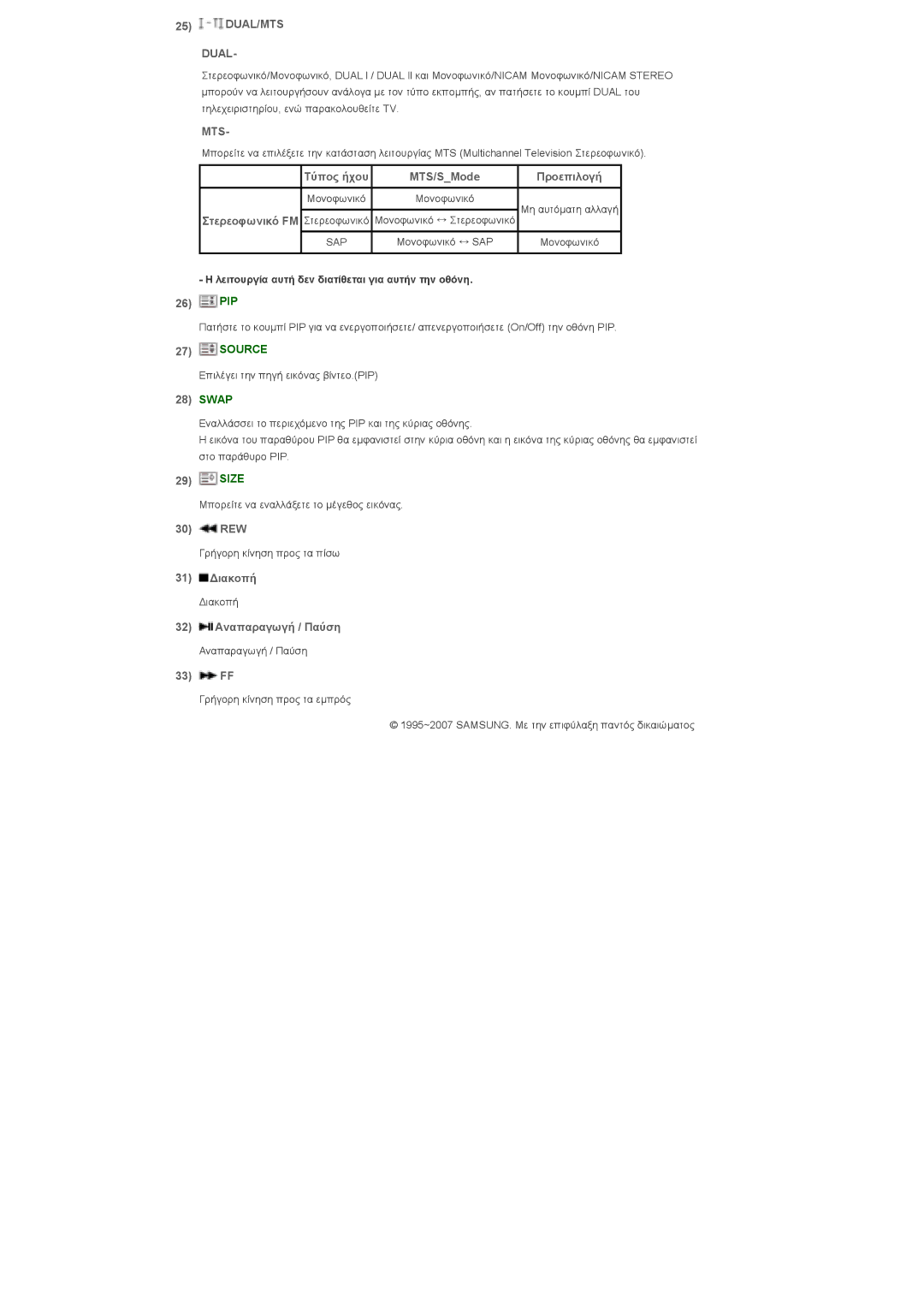 Samsung LS46BPTNS/EDC, LS40BPTNB/EDC manual Dual/Mts, Τύπος ήχου MTS/SMode, Rew, 31 ∆ιακοπή, 32 Αναπαραγωγή / Παύση, 33 FF 