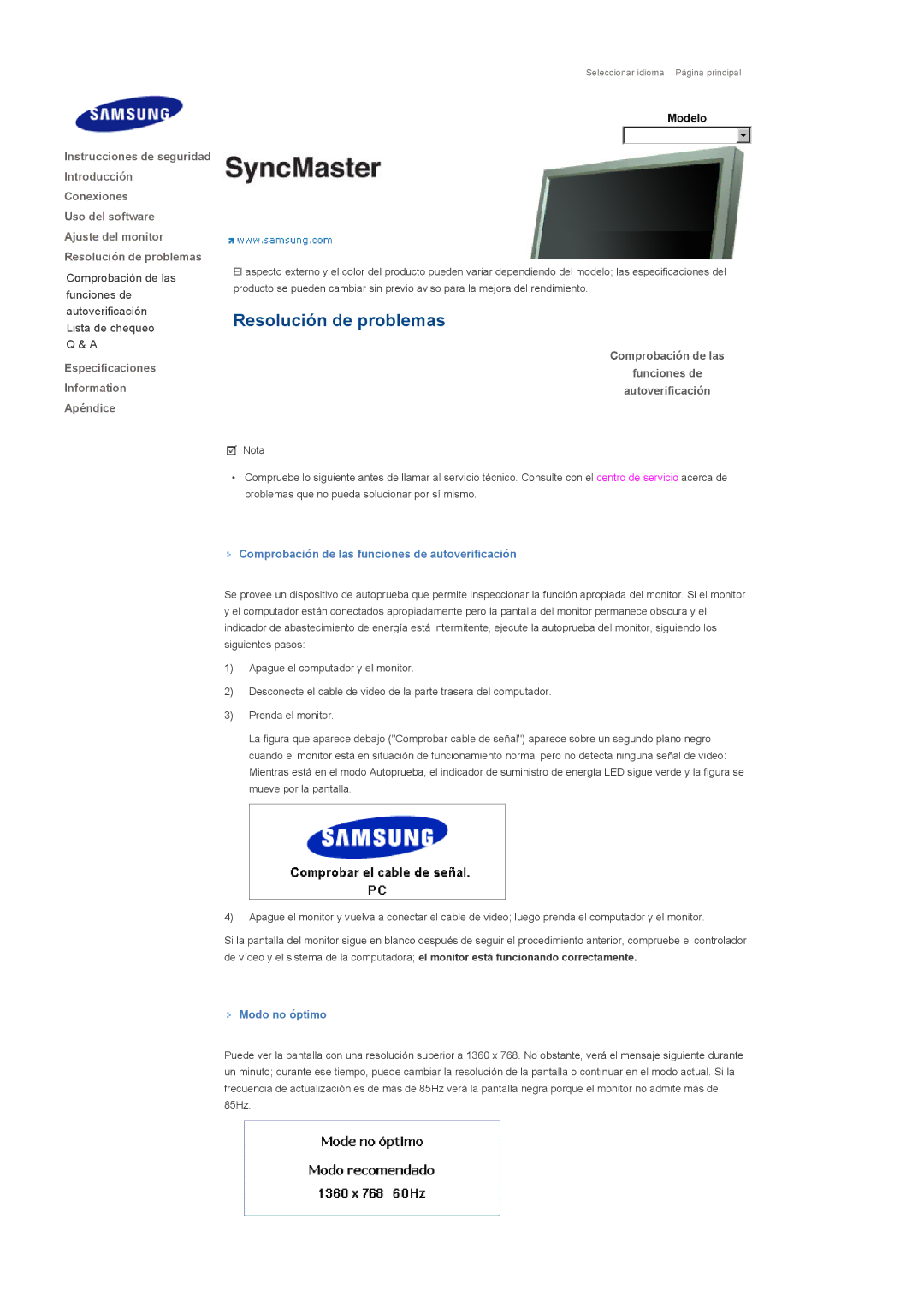 Samsung LS46BPTNS/EDC manual Especificaciones Information Apéndice, Comprobación de las Funciones de Autoverificación 