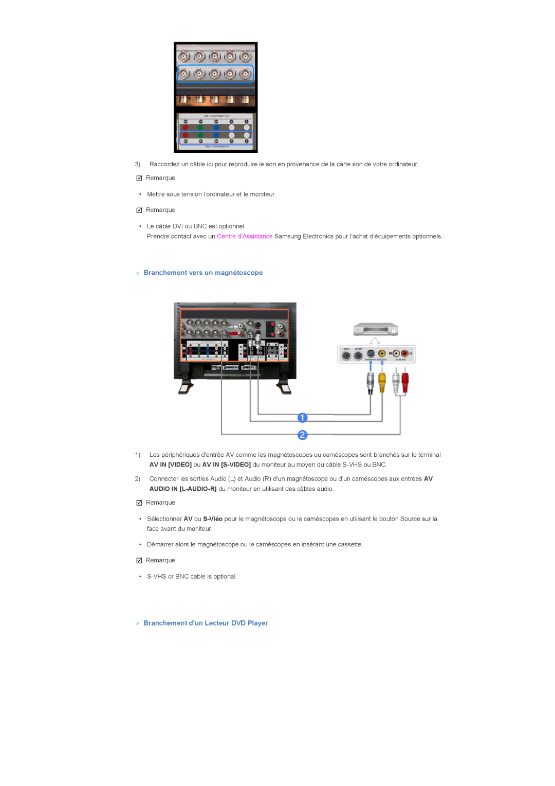 Samsung LS46BPTNS/EDC, LS40BPTNB/EDC, LS40BPTNS/EDC Branchement vers un magnétoscope, Branchement dun Lecteur DVD Player 