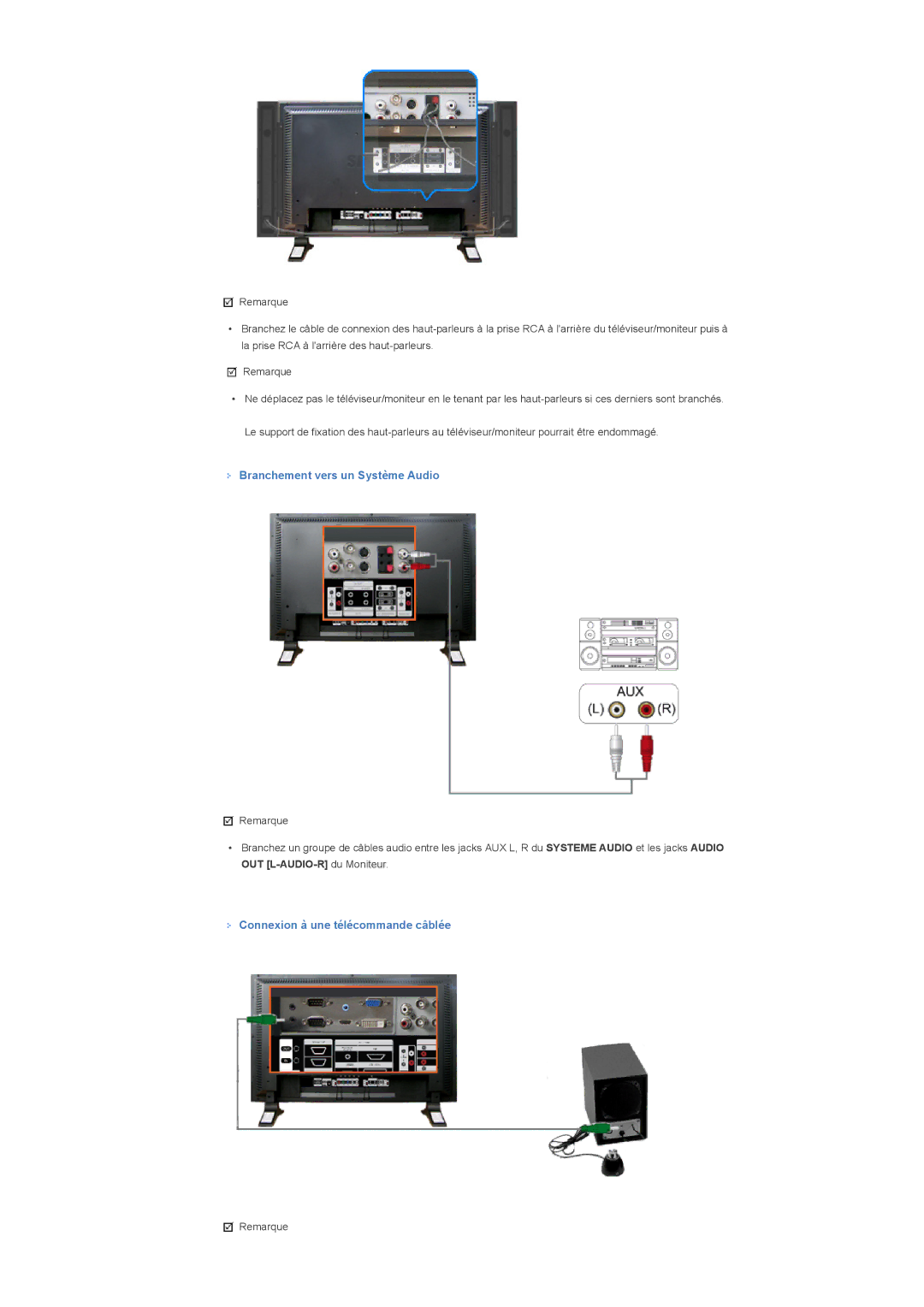 Samsung LS46BPTNB/EDC, LS46BPTNS/EDC, LS40BPTNB/EDC Branchement vers un Système Audio, Connexion à une télécommande câblée 