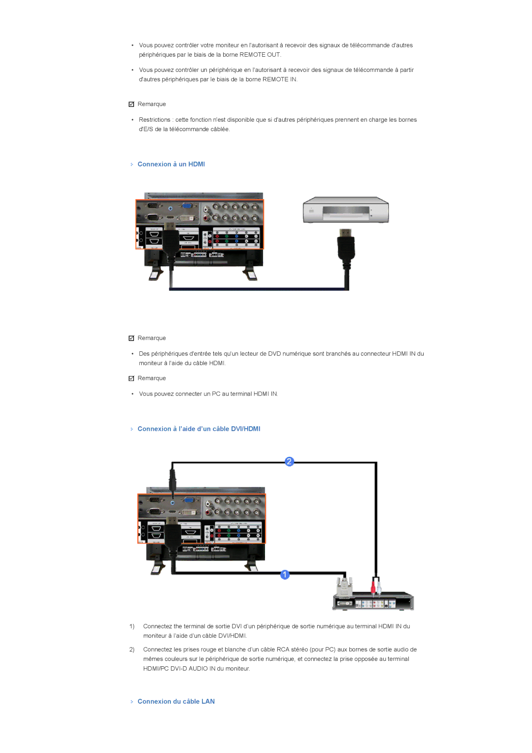 Samsung LS46BPTNS/EDC, LS40BPTNB/EDC Connexion à un Hdmi, Connexion à l’aide d’un câble DVI/HDMI, Connexion du câble LAN 