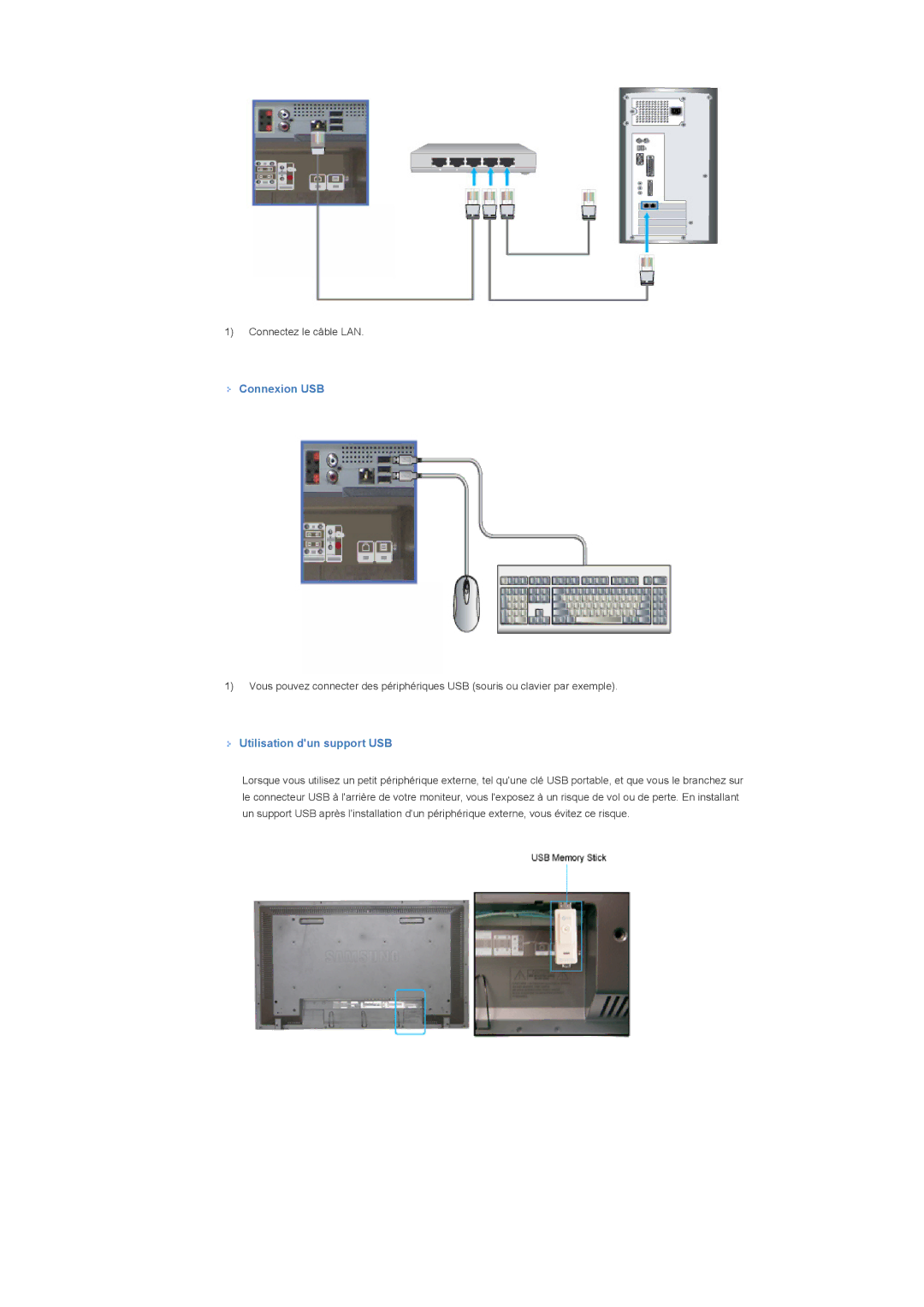 Samsung LS40BPTNB/EDC, LS46BPTNS/EDC, LS40BPTNS/EDC, LS46BPTNB/EDC manual Connexion USB, Utilisation dun support USB 