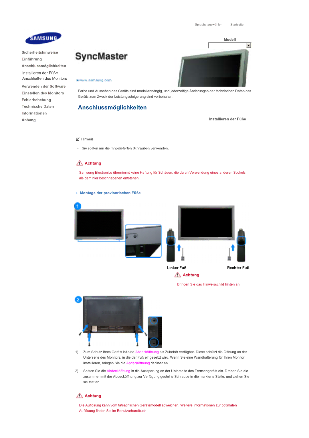 Samsung LS40BPTNS/EDC, LS46BPTNS/EDC, LS40BPTNB/EDC, LS46BPTNB/EDC Installieren der Füße, Montage der provisorischen Füße 