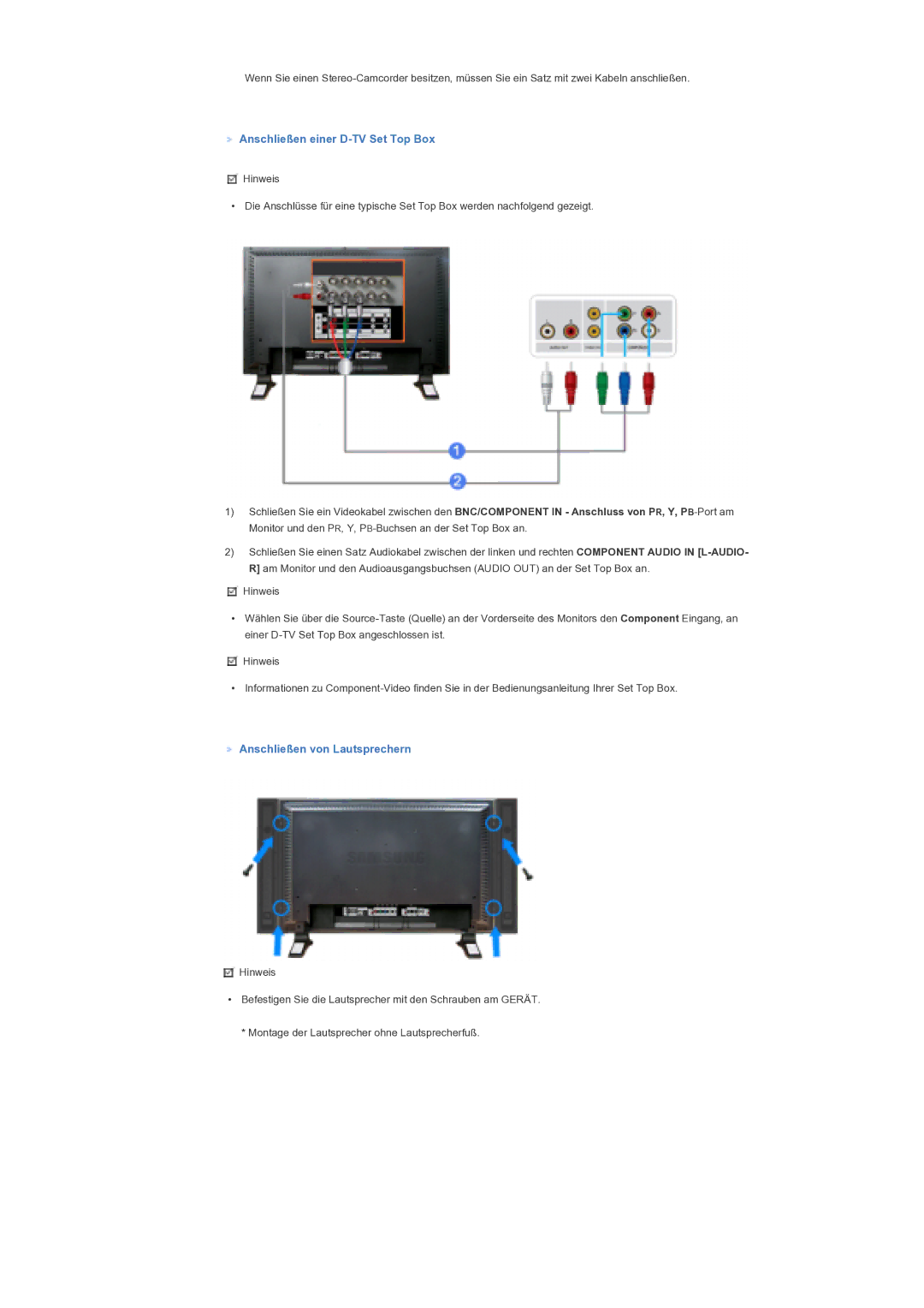 Samsung LS40BPTNS/EDC, LS46BPTNS/EDC, LS40BPTNB/EDC manual Anschließen einer D-TV Set Top Box, Anschließen von Lautsprechern 