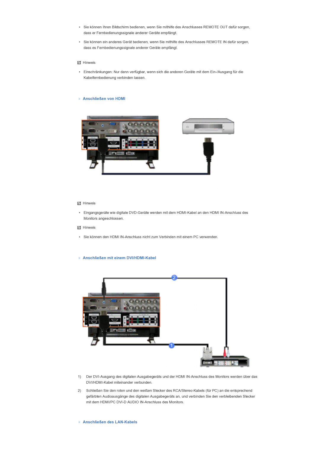 Samsung LS46BPTNS/EDC manual Anschließen von Hdmi, Anschließen mit einem DVI/HDMI-Kabel, Anschließen des LAN-Kabels 