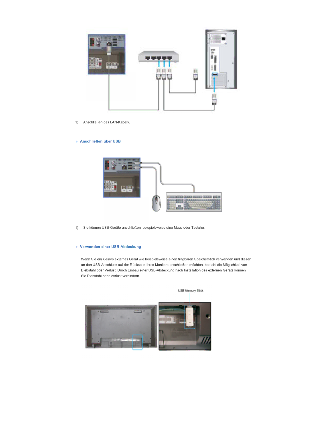 Samsung LS40BPTNB/EDC, LS46BPTNS/EDC, LS40BPTNS/EDC, LS46BPTNB/EDC manual Anschließen über USB, Verwenden einer USB-Abdeckung 