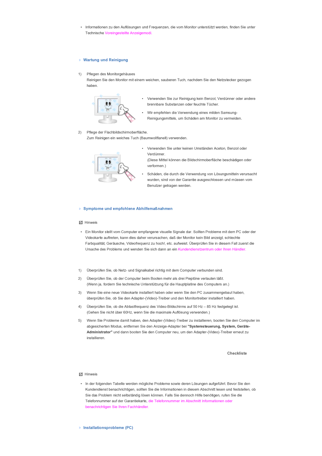 Samsung LS46BPTNS/EDC, LS40BPTNB/EDC manual Wartung und Reinigung, Symptome und empfohlene Abhilfemaßnahmen, Checkliste 