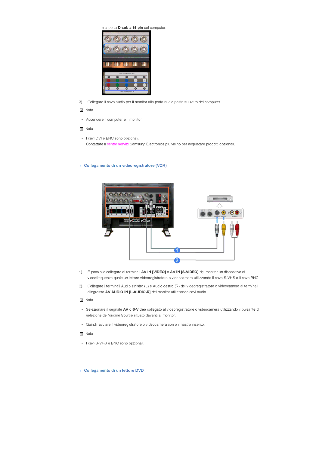 Samsung LS46BPTNS/EDC, LS40BPTNB/EDC manual Collegamento di un videoregistratore VCR, Collegamento di un lettore DVD 