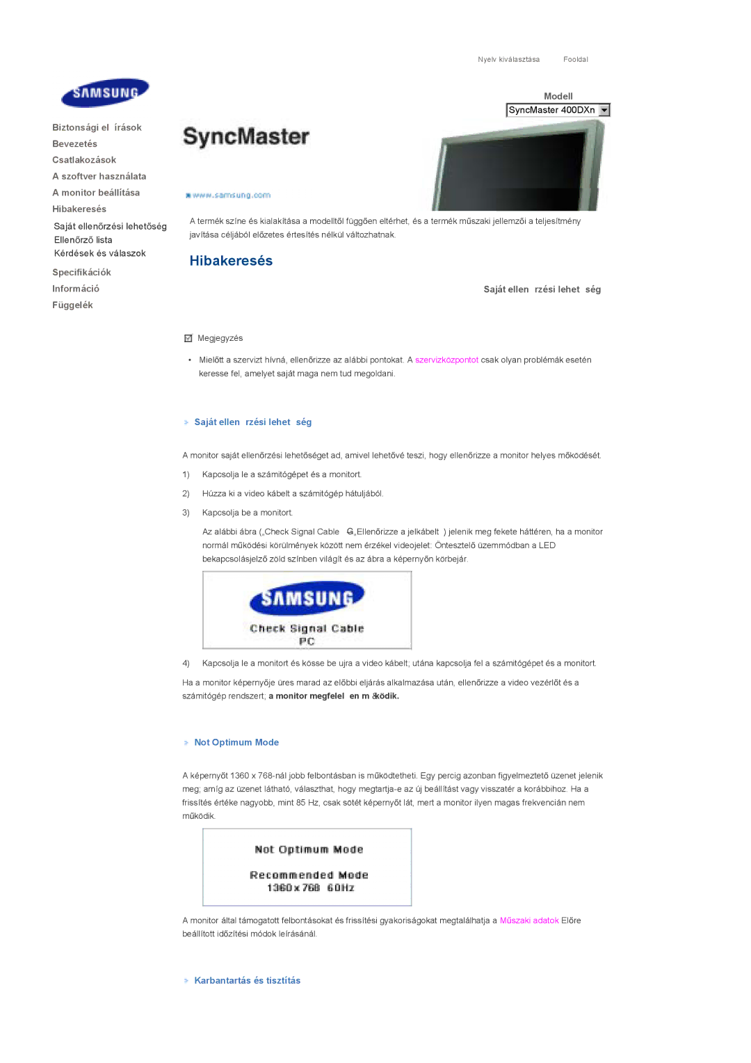 Samsung LS46BPTNS/EDC, LS40BPTNB/EDC manual Saját ellenĘrzési lehetĘség, Not Optimum Mode, Karbantartás és tisztítás 