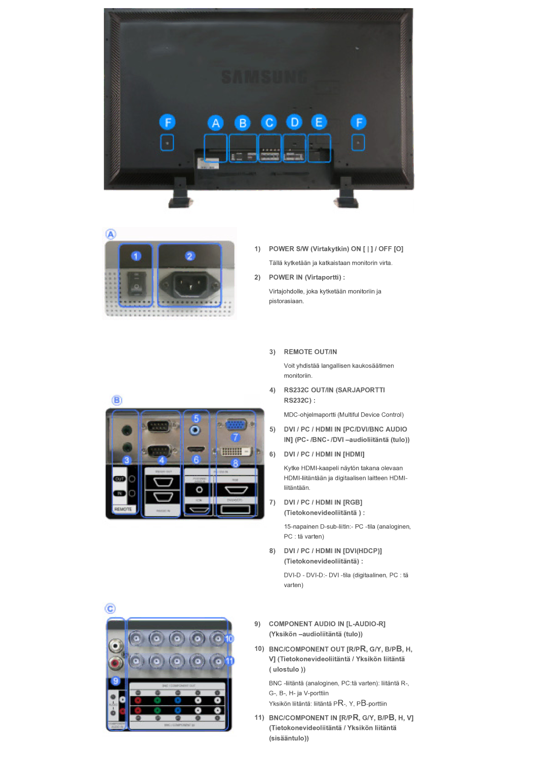 Samsung LS46BPTNB/EDC manual Power S/W Virtakytkin on / OFF O, Power in Virtaportti, Remote OUT/IN, DVI / PC / Hdmi in Hdmi 