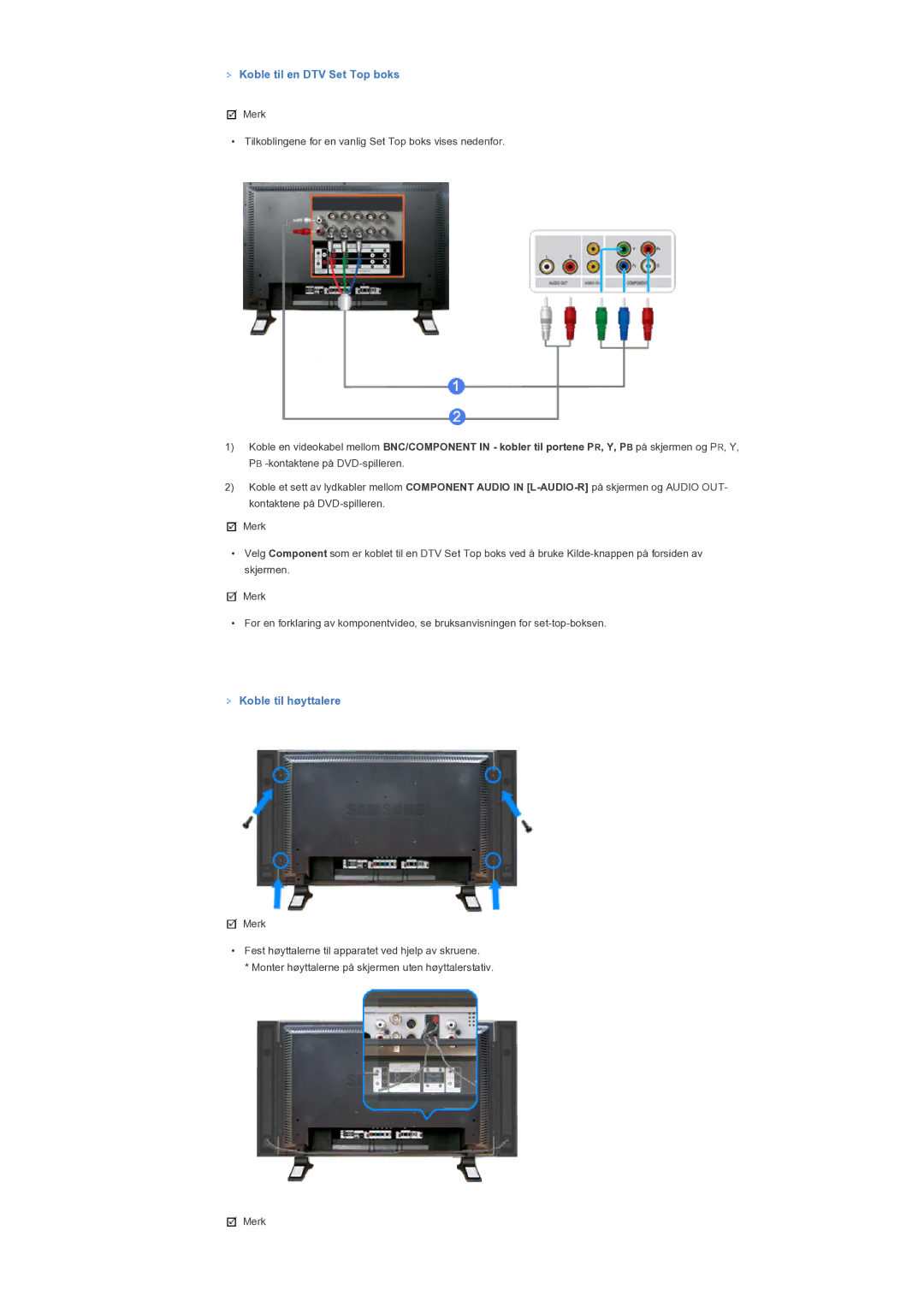 Samsung LS46BPTNB/EDC, LS46BPTNS/EDC, LS40BPTNB/EDC manual Koble til en DTV Set Top boks, Koble til høyttalere 