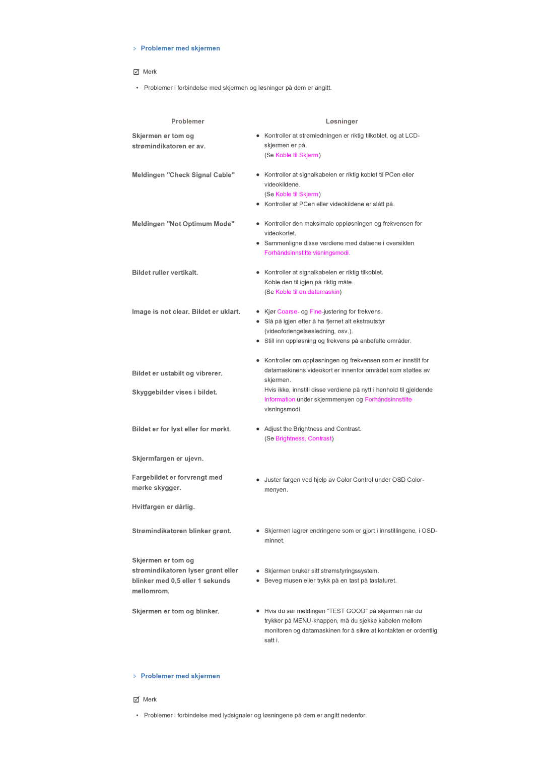 Samsung LS46BPTNS/EDC, LS40BPTNB/EDC, LS46BPTNB/EDC manual Problemer med skjermen, Bildet er for lyst eller for mørkt 