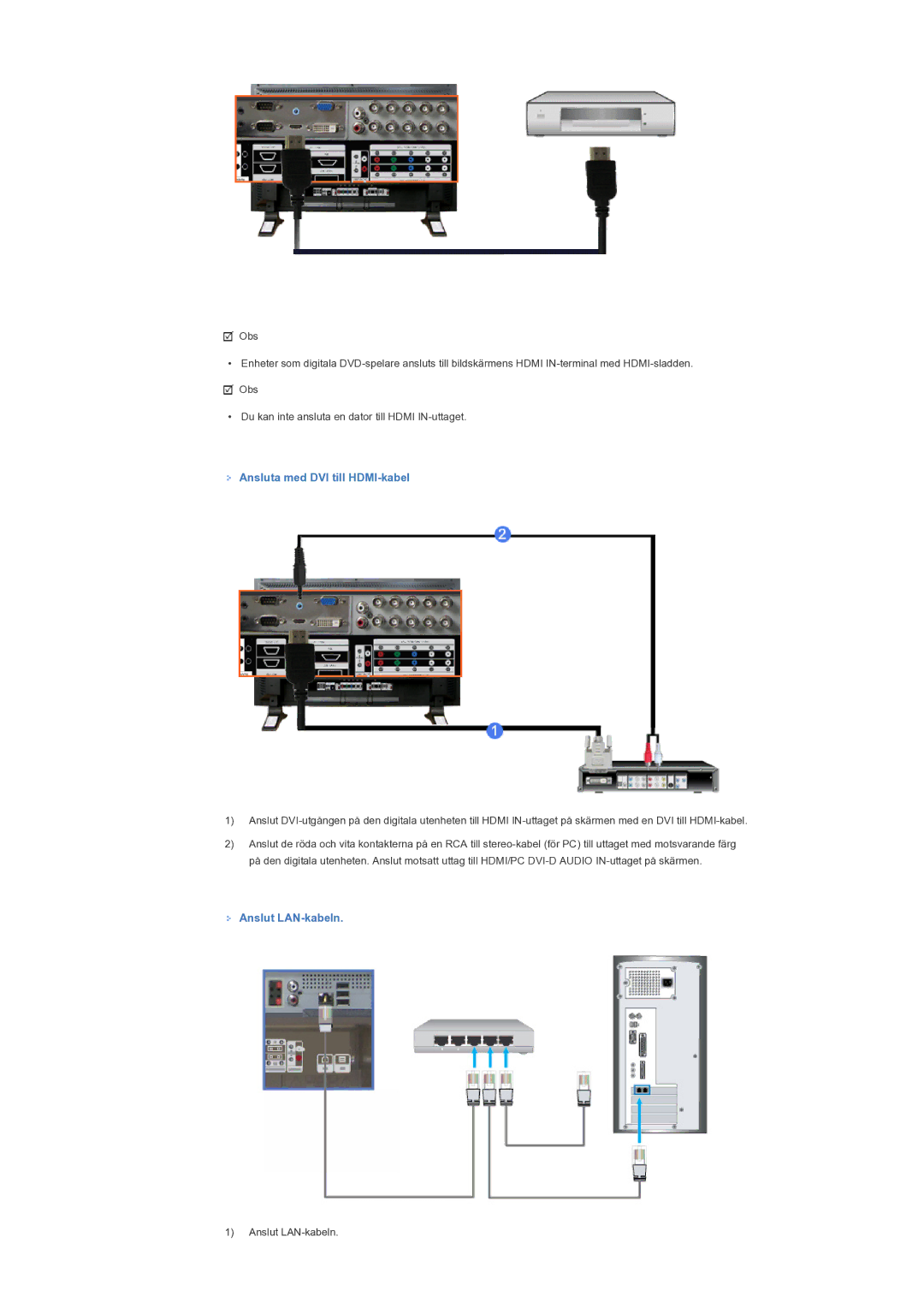 Samsung LS40BPTNB/EDC, LS46BPTNS/EDC, LS46BPTNB/EDC manual Ansluta med DVI till HDMI-kabel, Anslut LAN-kabeln 