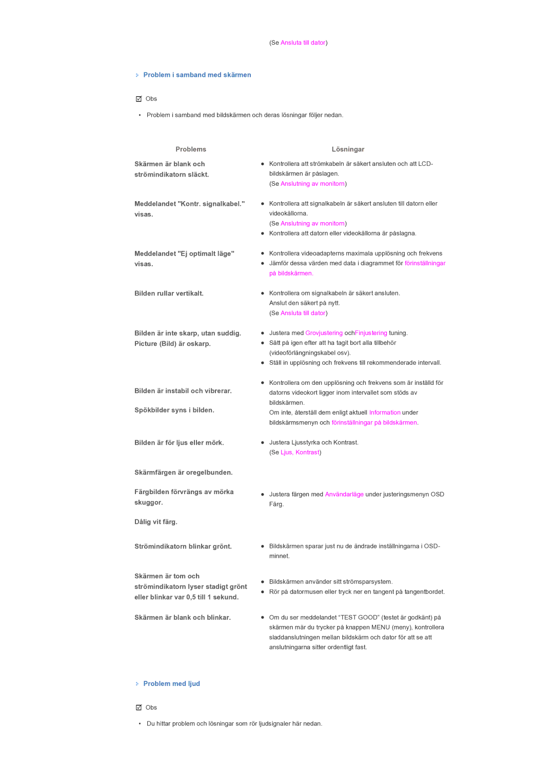 Samsung LS46BPTNS/EDC, LS40BPTNB/EDC manual Meddelandet Kontr. signalkabel. visas, Lösningar, Skärmen är blank och blinkar 