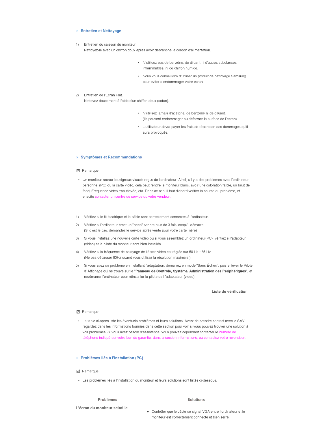 Samsung LS40BPPNS/EDC, LS46BPTNS/EDC, LS46BPPNB/EDC manual Liste de vérification, Problèmes, ’écran du moniteur scintille 