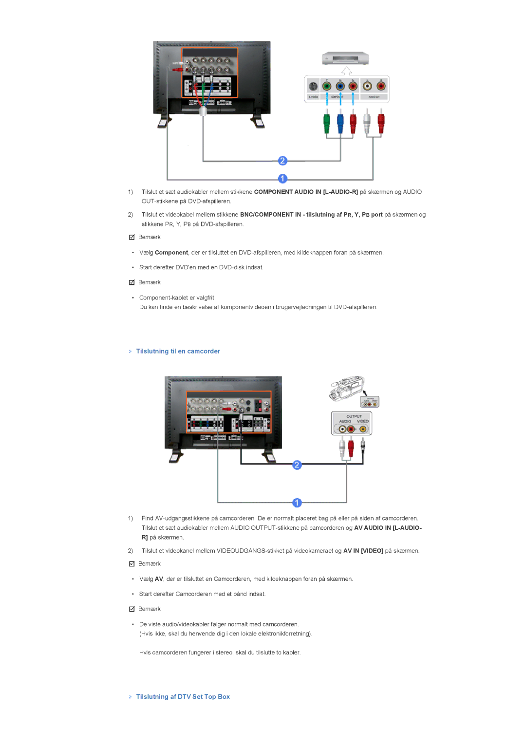 Samsung LS46BPTNS/EDC, LS46BPPNB/EDC, LS40BPPNB/EDC manual Tilslutning til en camcorder, Tilslutning af DTV Set Top Box 