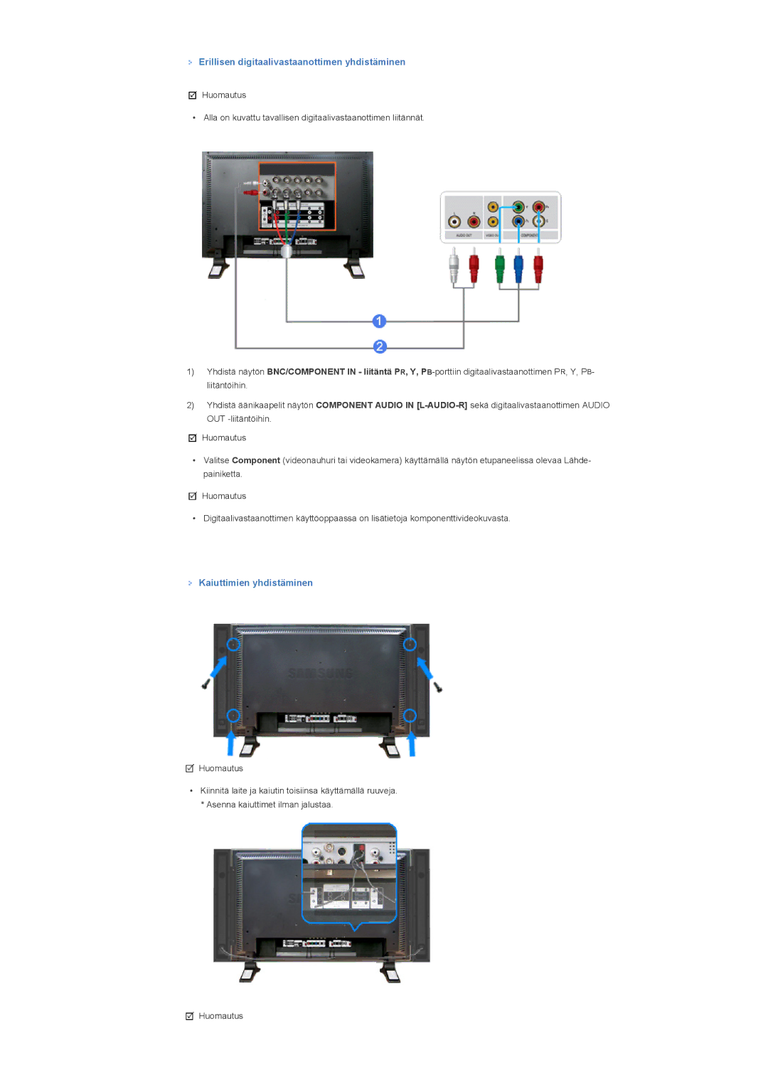 Samsung LS40BPPNB/EDC, LS46BPTNS/EDC manual Erillisen digitaalivastaanottimen yhdistäminen, Kaiuttimien yhdistäminen 