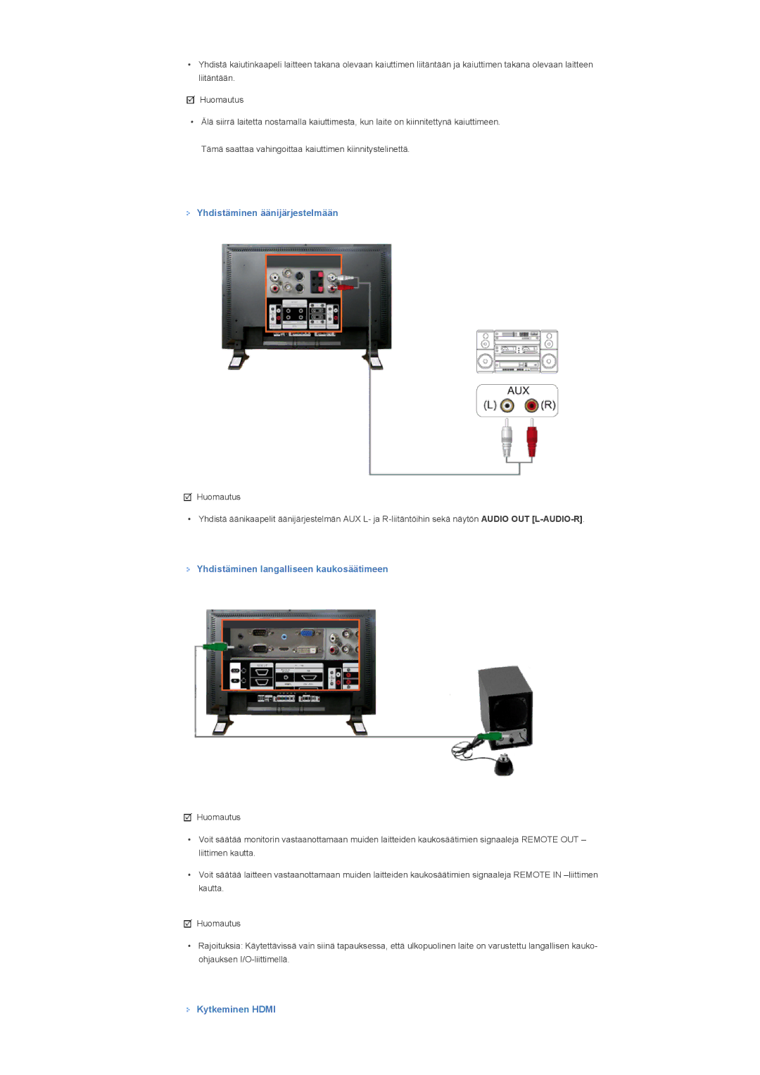 Samsung LS46BPTNB/EDC manual Yhdistäminen äänijärjestelmään, Yhdistäminen langalliseen kaukosäätimeen, Kytkeminen Hdmi 