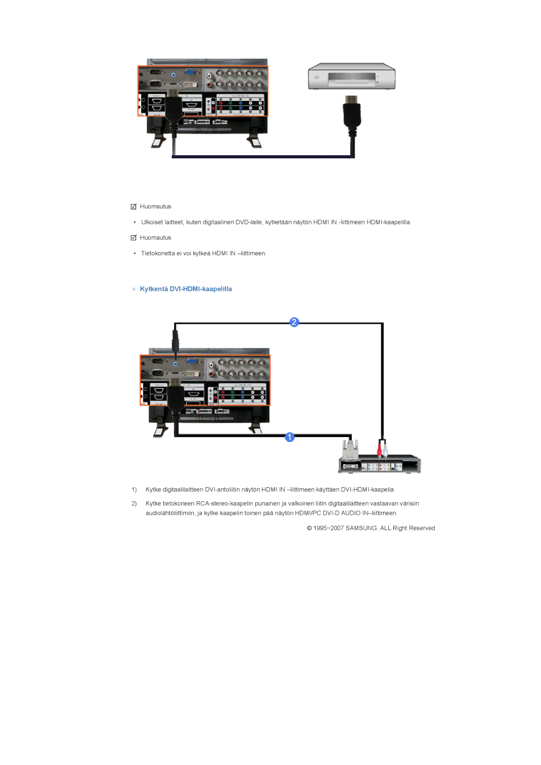 Samsung LS46BPPNS/EDC, LS46BPTNS/EDC, LS46BPPNB/EDC, LS40BPPNB/EDC, LS46BPTNB/EDC, LS40BPPNS/EDC Kytkentä DVI-HDMI-kaapelilla 