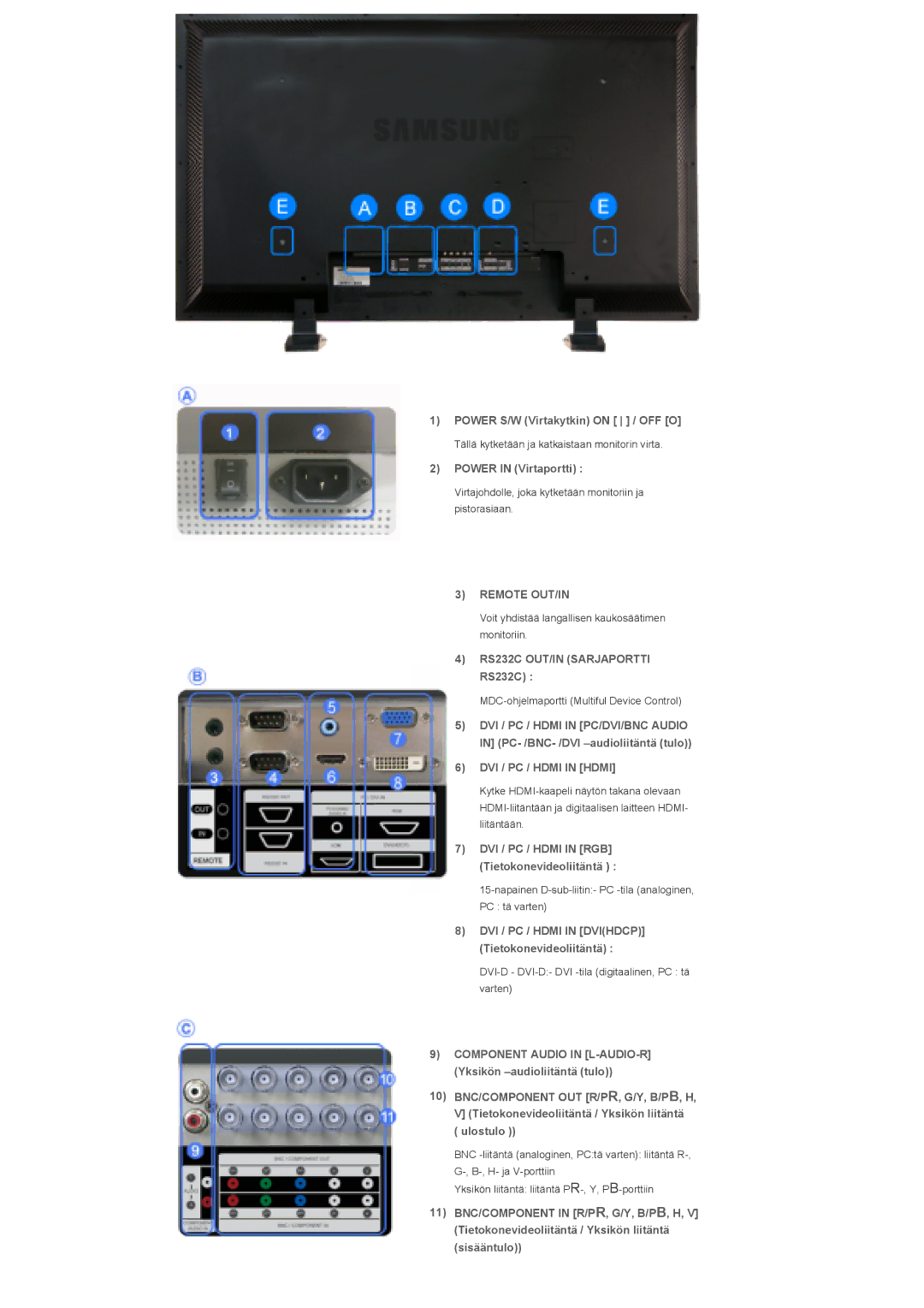 Samsung LS40BPPNS/EDC manual Power S/W Virtakytkin on / OFF O, Power in Virtaportti, Remote OUT/IN, DVI / PC / Hdmi in Hdmi 