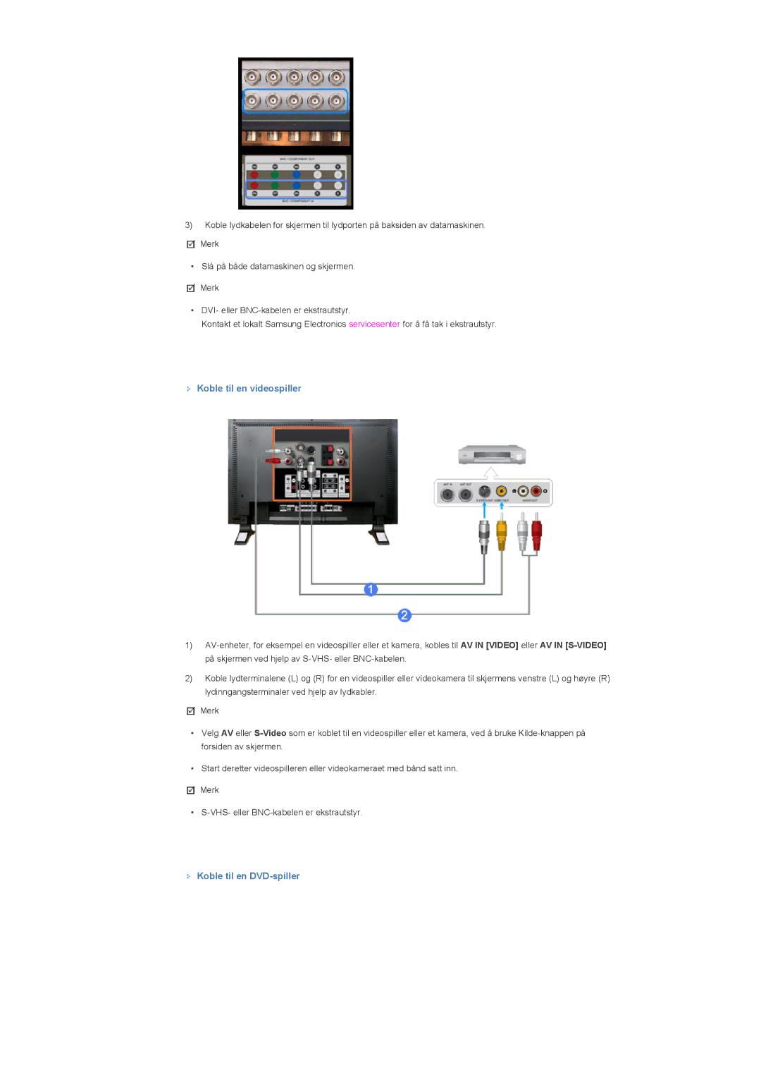 Samsung LS40BPPNS/EDC, LS46BPTNS/EDC, LS46BPPNB/EDC, LS40BPPNB/EDC manual Koble til en videospiller, Koble til en DVD-spiller 