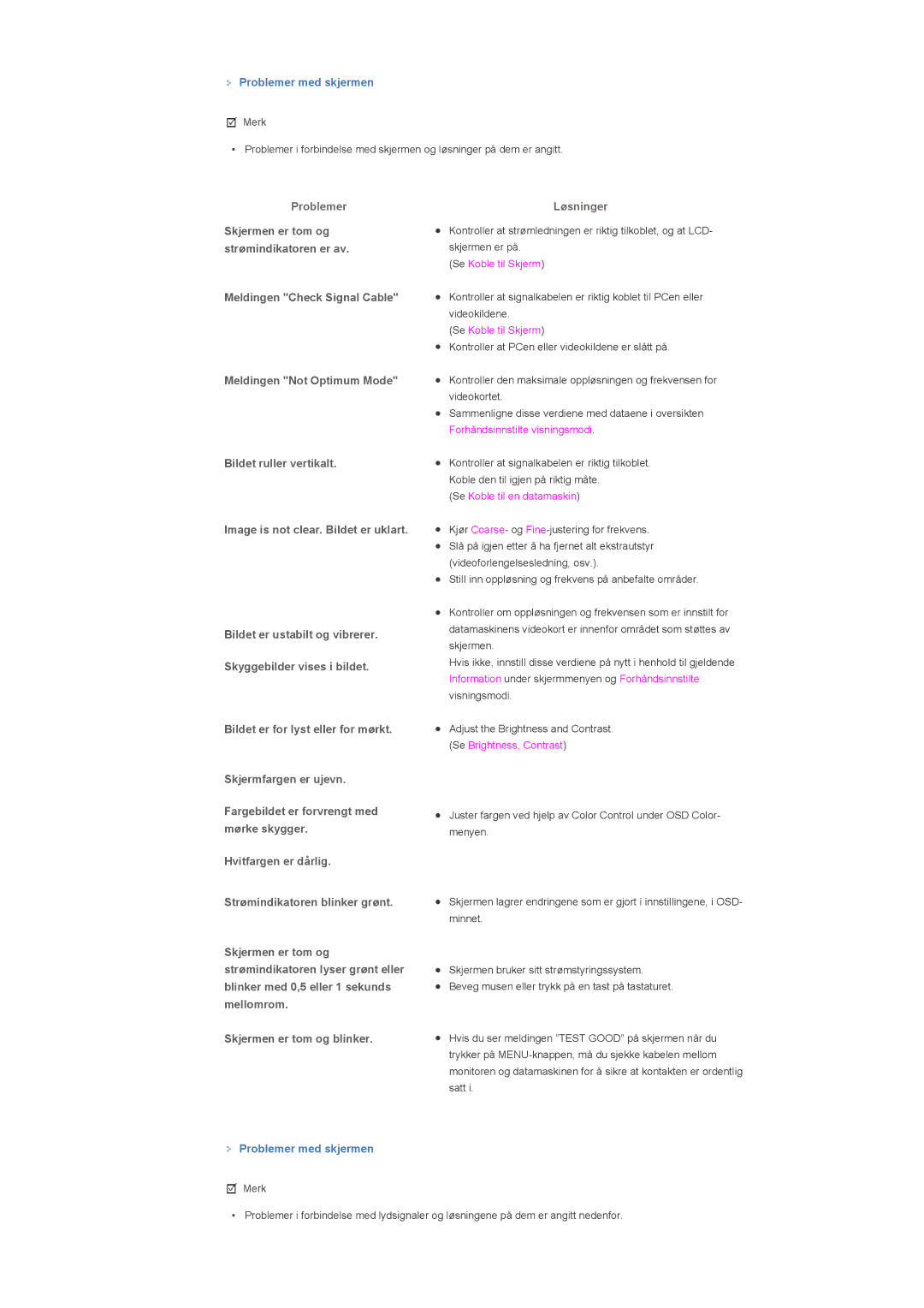 Samsung LS46BPTNS/EDC, LS46BPPNB/EDC, LS40BPPNB/EDC manual Problemer med skjermen, Bildet er for lyst eller for mørkt 