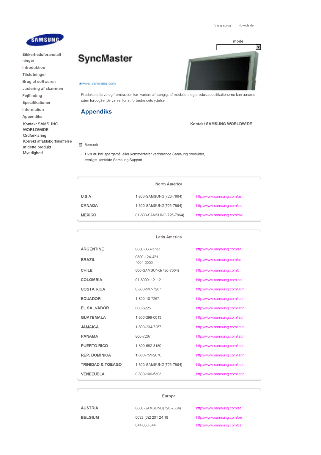 Samsung LS40BPPNS/EDC, LS46BPTNS/EDC, LS46BPPNB/EDC, LS40BPTNB/EDC, LS40BPPNB/EDC manual Appendiks, Kontakt Samsung Worldwide 