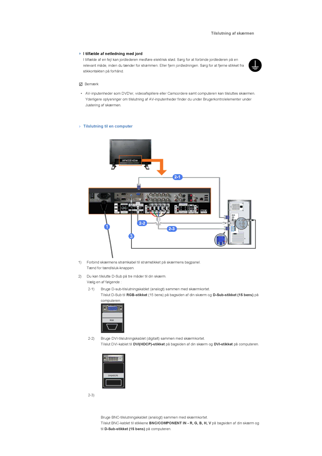 Samsung LS40BPPNS/EDC, LS46BPTNS/EDC, LS46BPPNB/EDC, LS40BPTNB/EDC manual Tilslutning af skærmen, Tilslutning til en computer 