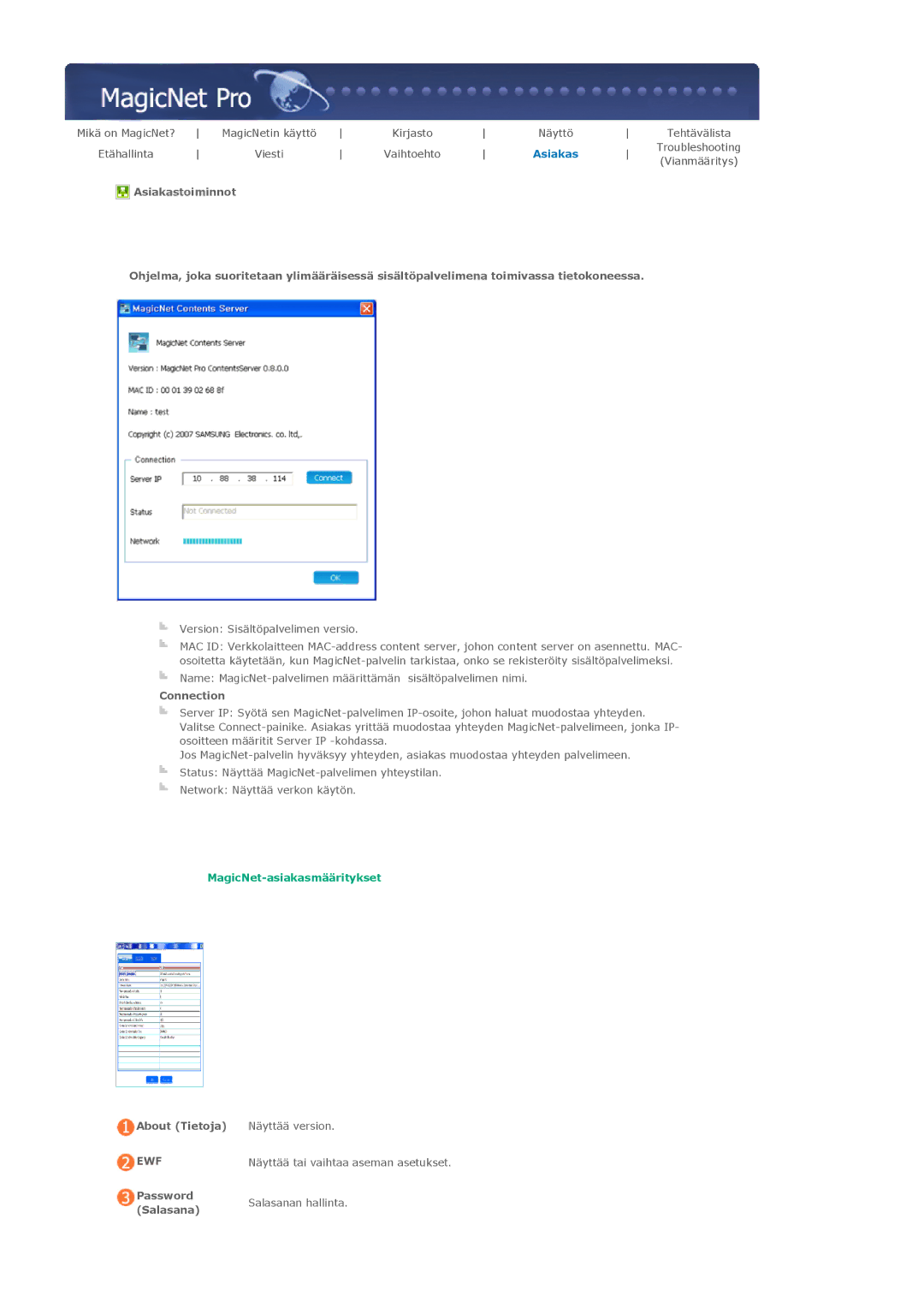 Samsung LS40BPTNB/EDC, LS46BPTNS/EDC, LS46BPPNB/EDC Connection, About Tietoja Näyttää version, Password Salasanan hallinta 