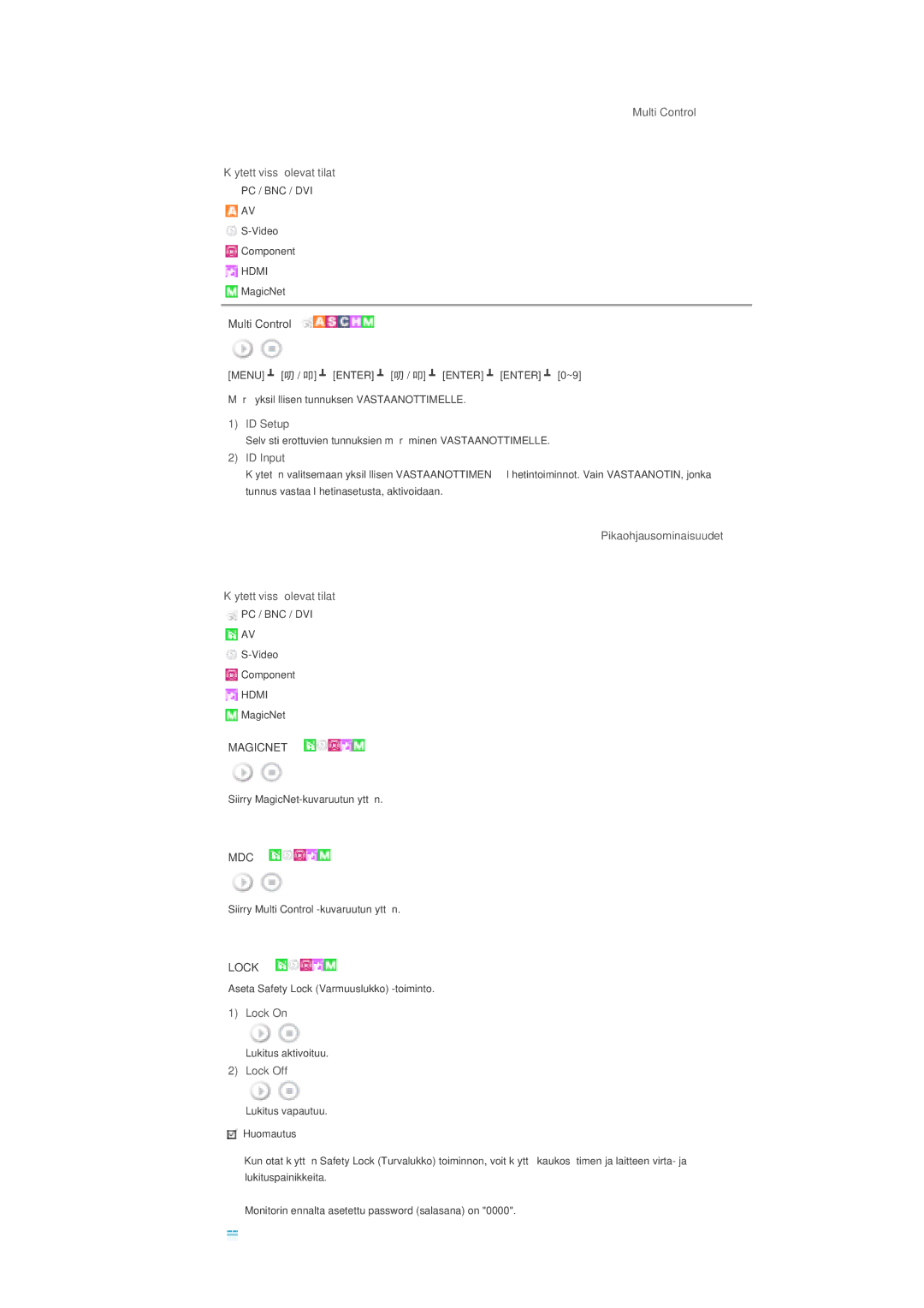 Samsung LS46BPPNS/EDC, LS46BPTNS/EDC manual Multi Control Käytettävissä olevat tilat, ID Setup, ID Input, Lock On, Lock Off 