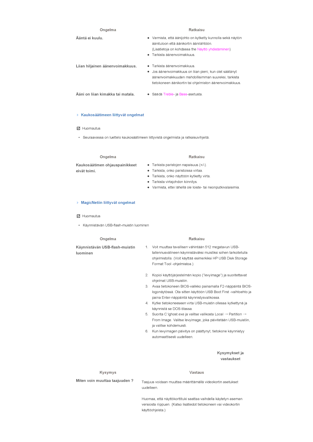 Samsung LS46BPPNS/EDC, LS46BPTNS/EDC manual Ääntä ei kuulu Liian hiljainen äänenvoimakkuus, Ääni on liian kimakka tai matala 