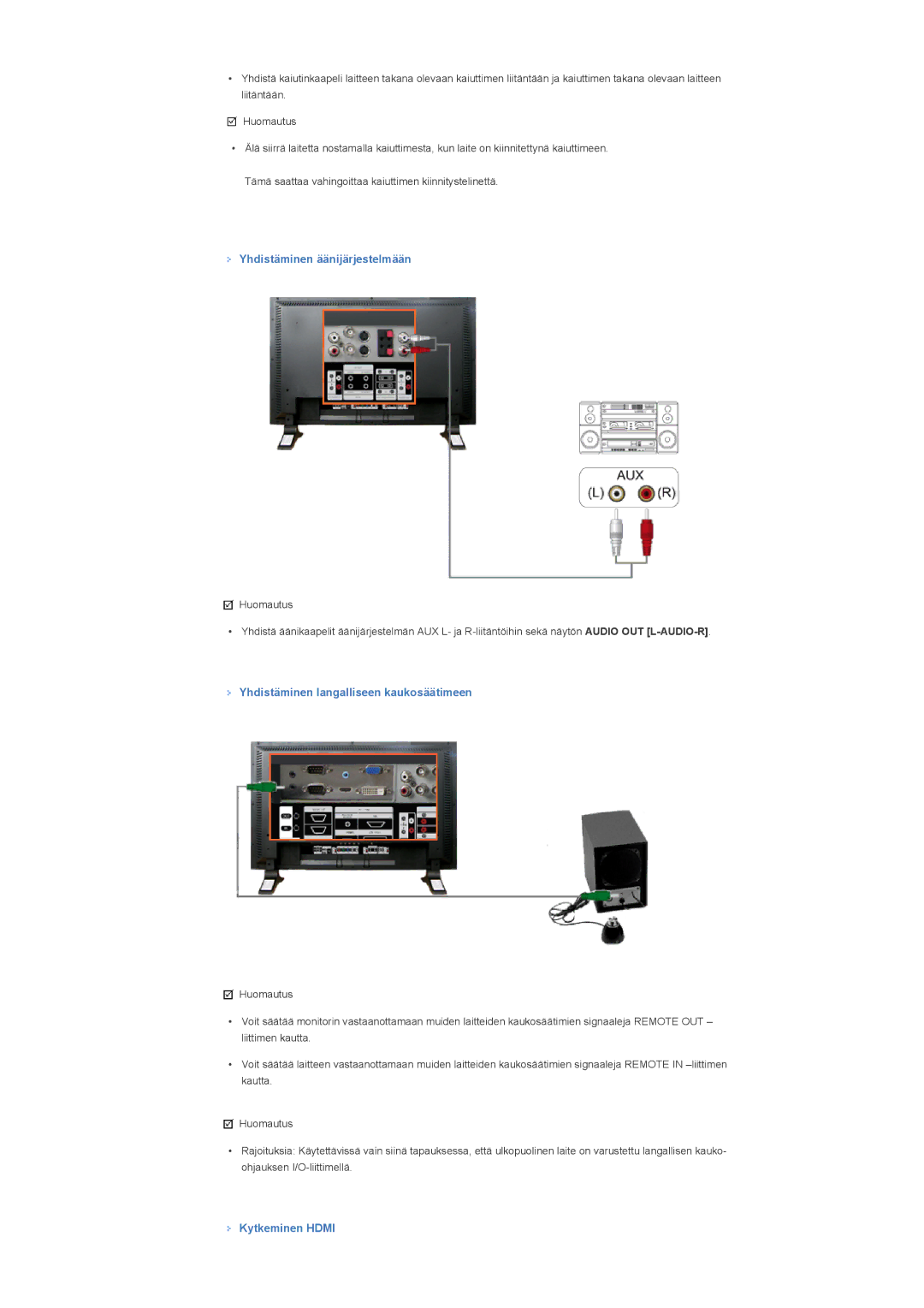 Samsung LS40BPPNB/EDC manual Yhdistäminen äänijärjestelmään, Yhdistäminen langalliseen kaukosäätimeen, Kytkeminen Hdmi 