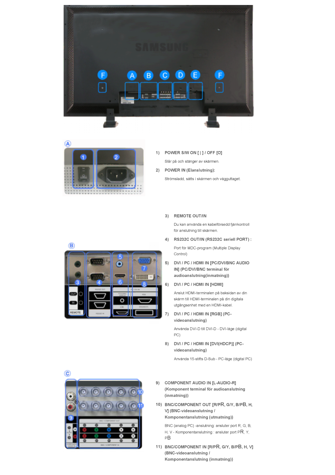 Samsung LS40BPPNS/EDC, LS46BPTNS/EDC manual Power S/W on / OFF O, Power in Elanslutning, RS232C OUT/IN RS232C seriell Port 