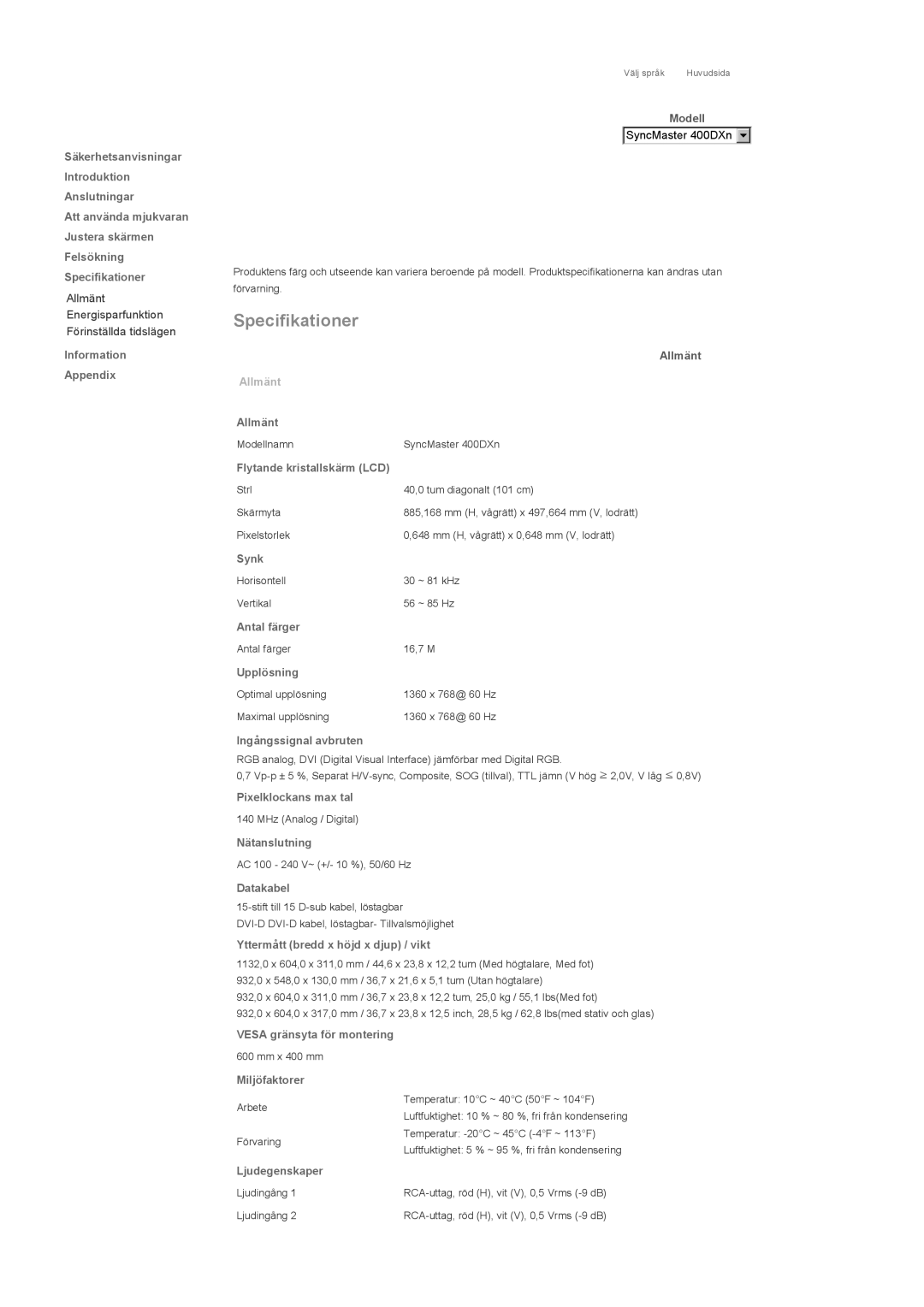 Samsung LS46BPPNS/EDC, LS46BPTNS/EDC, LS46BPPNB/EDC, LS40BPTNB/EDC, LS40BPPNB/EDC, LS46BPTNB/EDC, LS40BPPNS/EDC manual Allmänt 