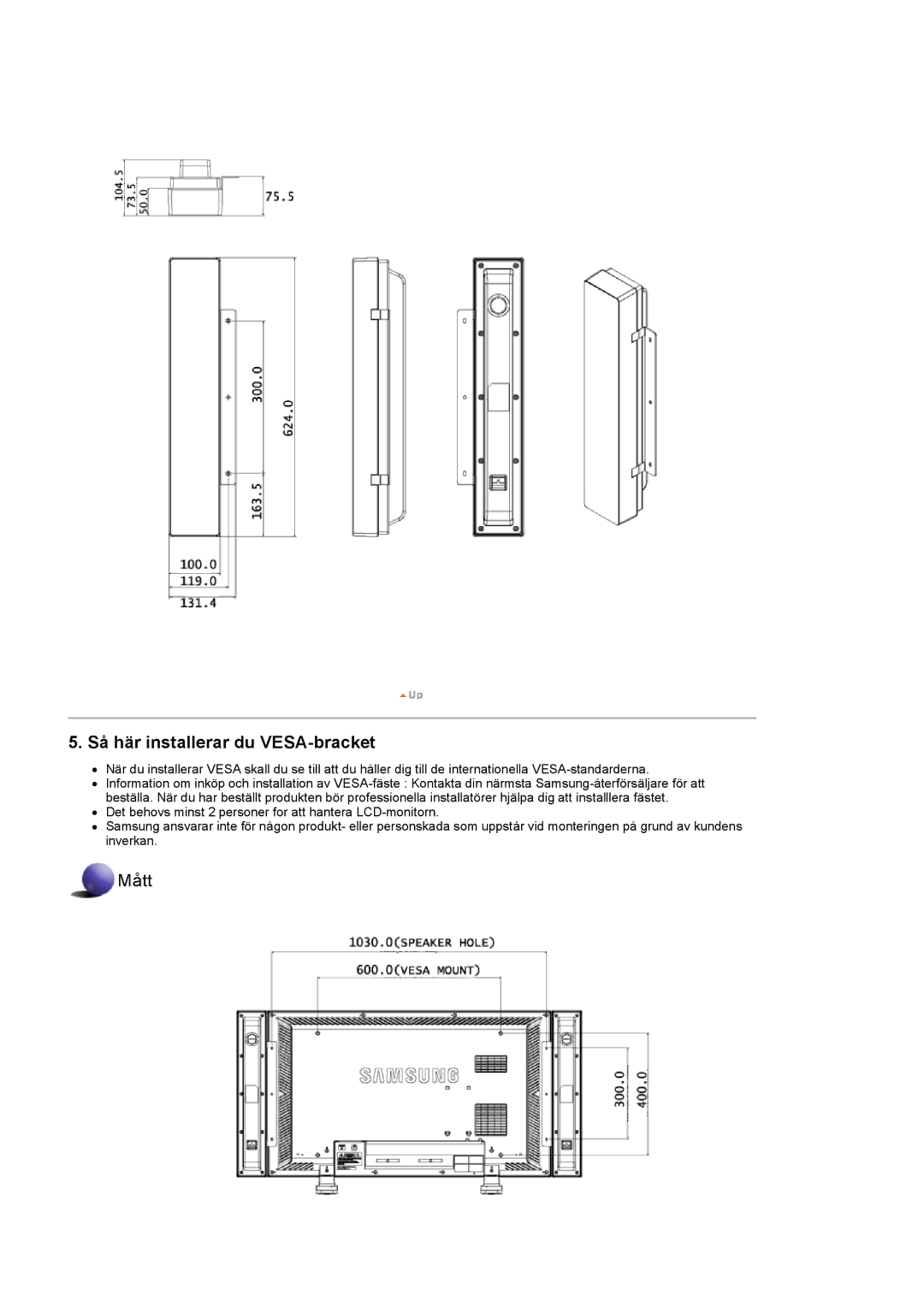 Samsung LS46BPTNS/EDC, LS46BPPNB/EDC, LS40BPTNB/EDC, LS40BPPNB/EDC, LS46BPTNB/EDC manual Så här installerar du VESA-bracket 