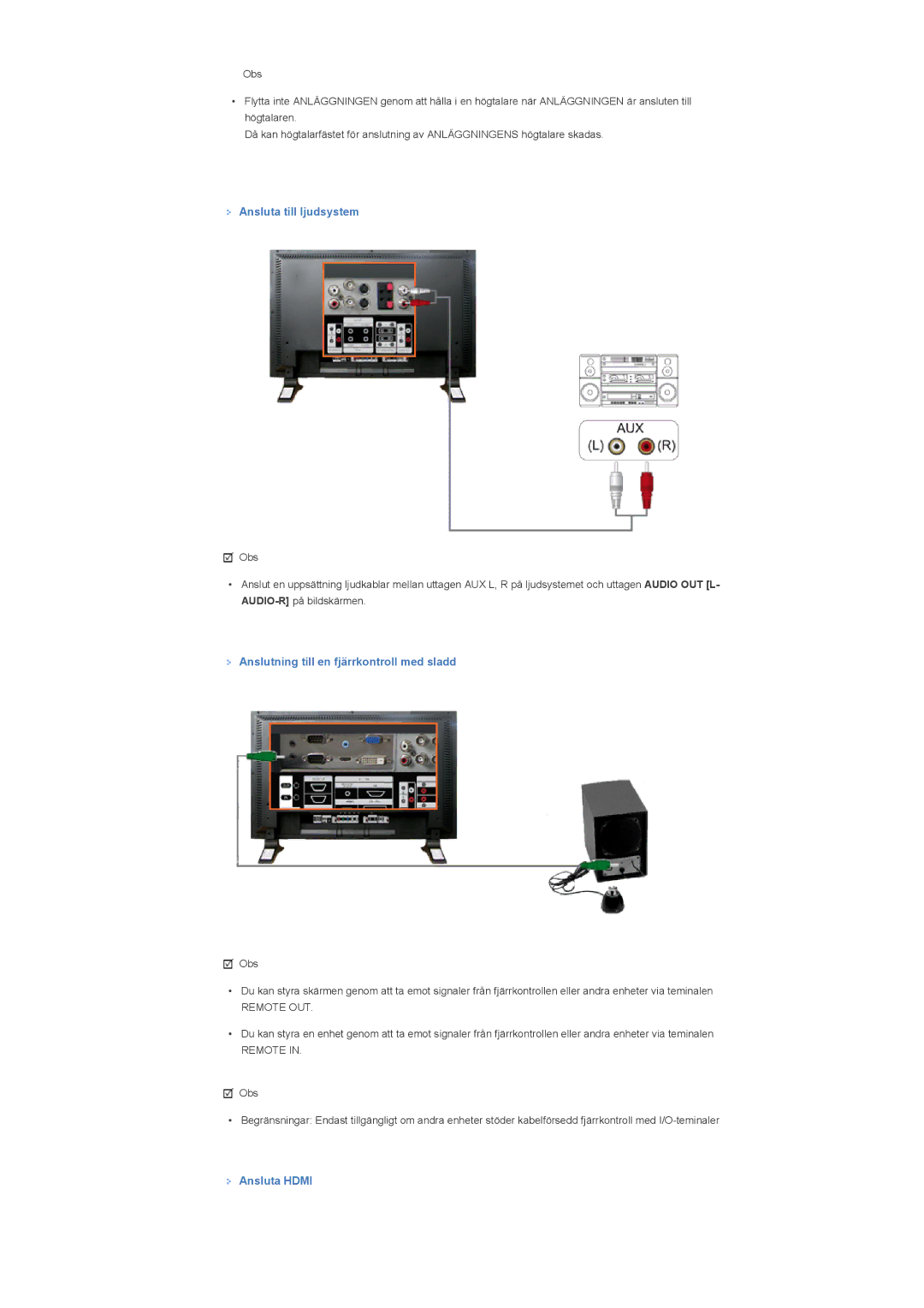 Samsung LS40BPTNB/EDC, LS46BPTNS/EDC Ansluta till ljudsystem, Anslutning till en fjärrkontroll med sladd, Ansluta Hdmi 