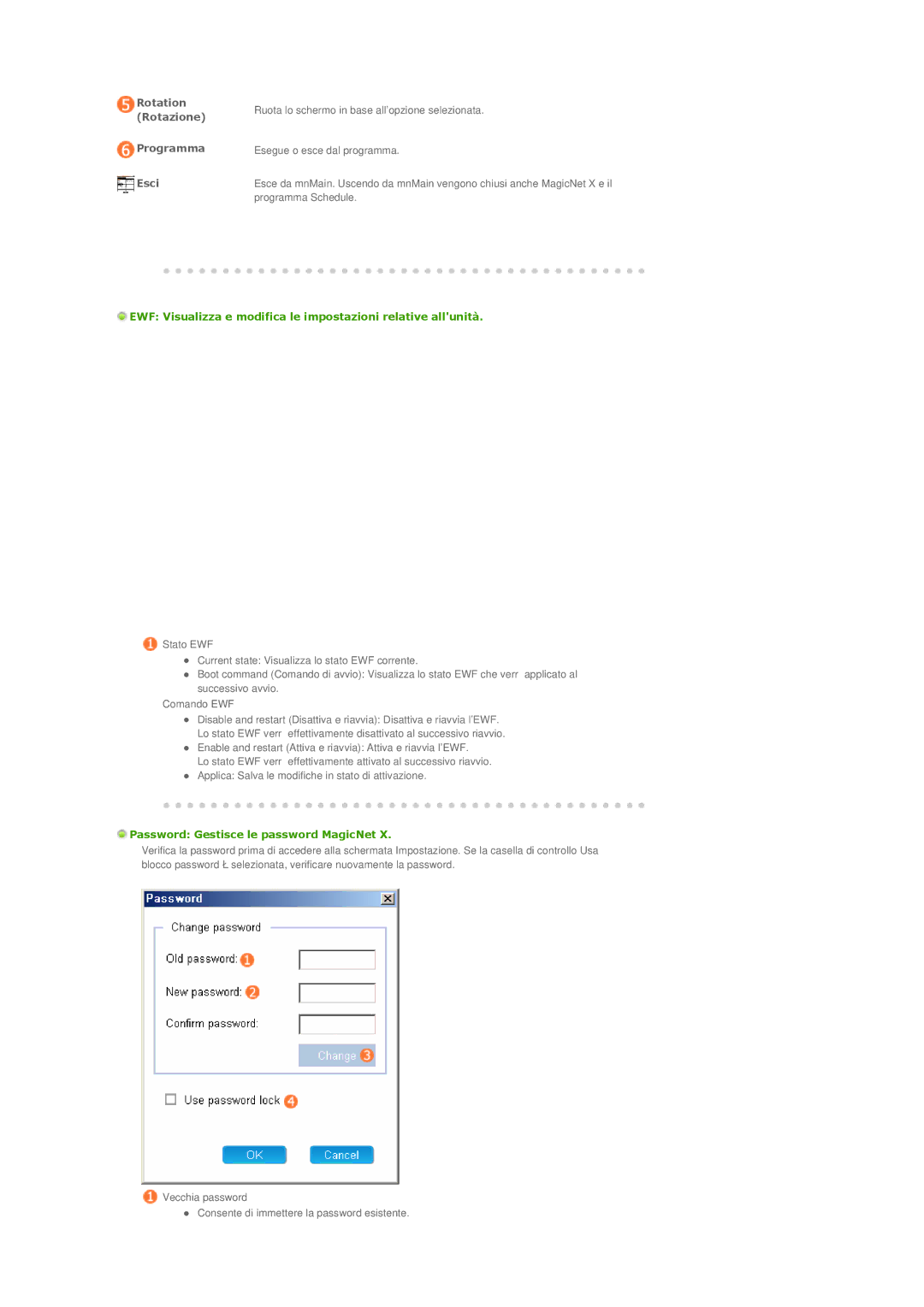 Samsung LS46BPPNS/EDC manual Rotation Rotazione Programma Esci, EWF Visualizza e modifica le impostazioni relative allunità 