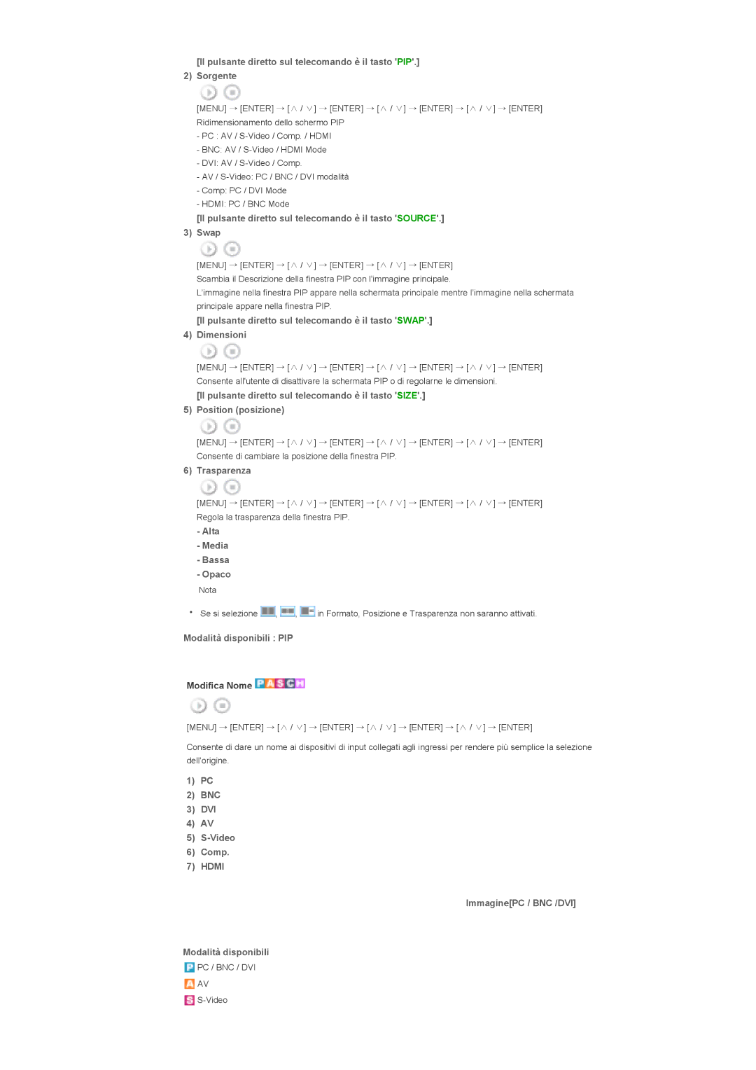 Samsung LS46BPPNB/EDC Il pulsante diretto sul telecomando è il tasto PIP Sorgente, Trasparenza, Alta Media Bassa Opaco 