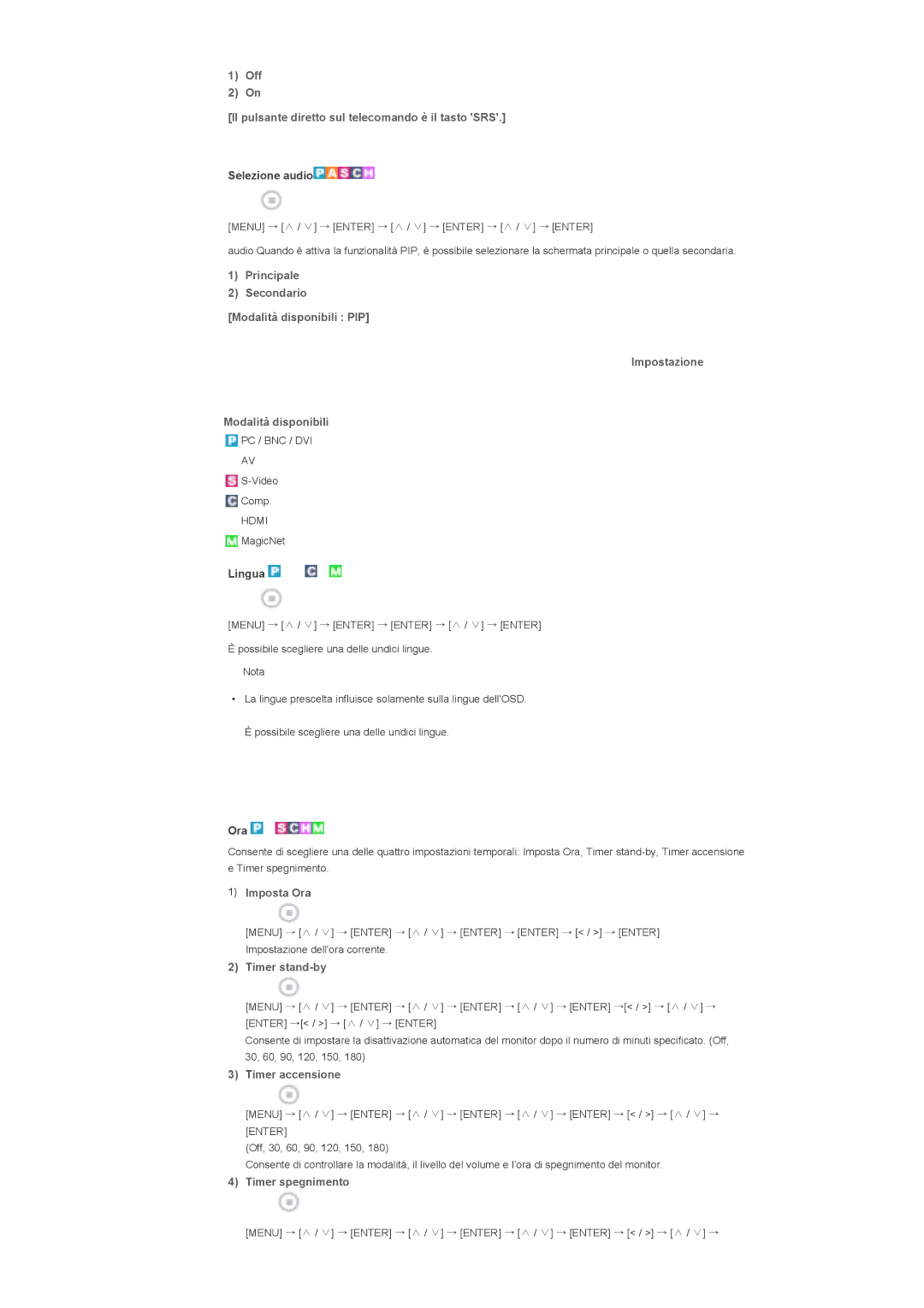 Samsung LS46BPTNS/EDC, LS46BPPNB/EDC Off Il pulsante diretto sul telecomando è il tasto SRS, Imposta Ora, Timer stand-by 