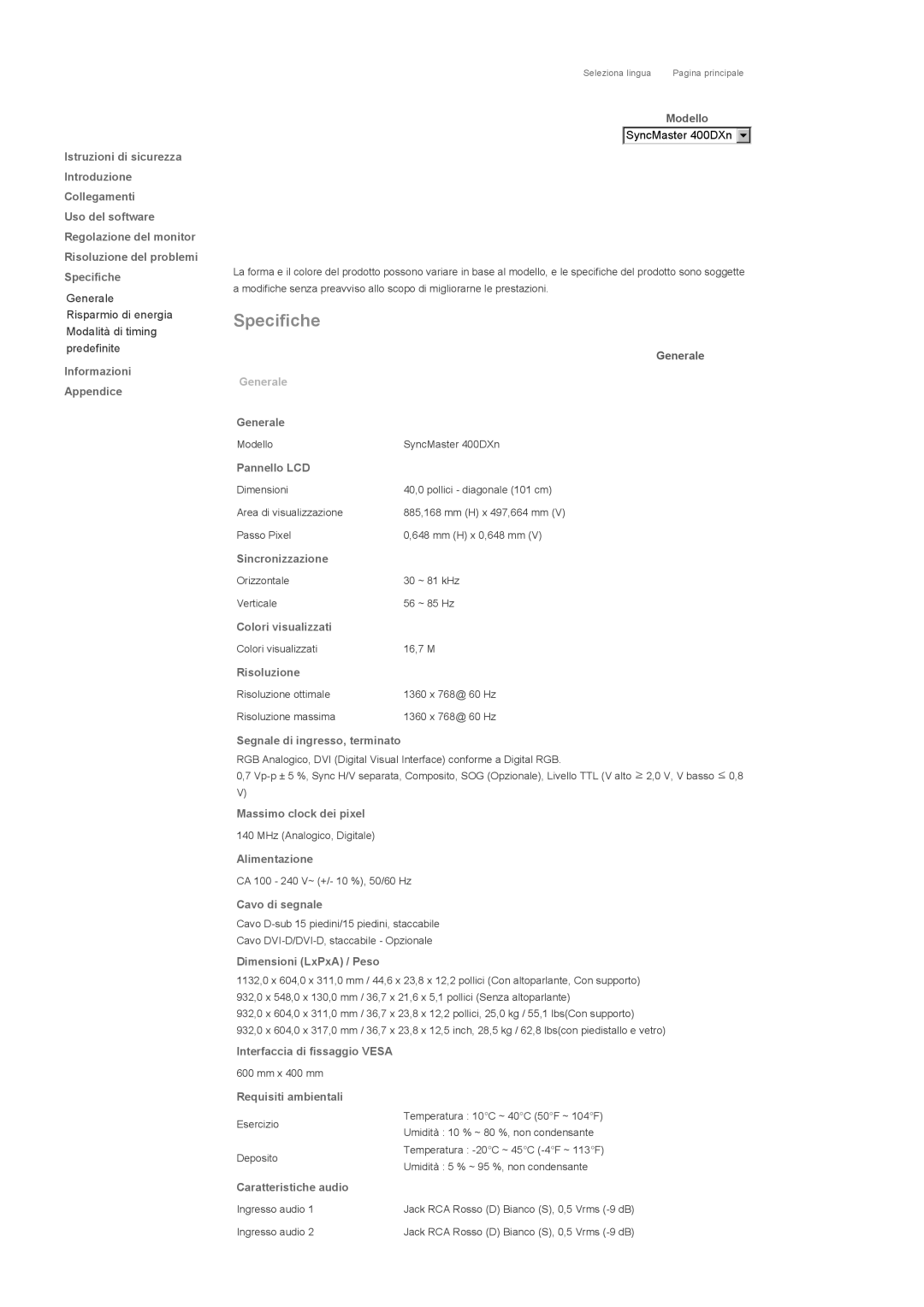 Samsung LS46BPTNB/EDC, LS46BPTNS/EDC, LS46BPPNB/EDC, LS40BPTNB/EDC, LS40BPTNS/EDC, LS40BPPNB/EDC, LS46BPPNS/EDC manual Generale 