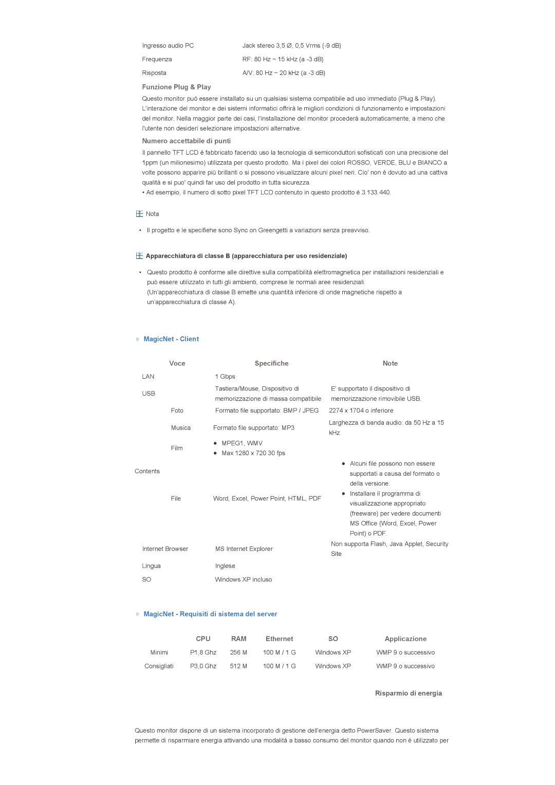 Samsung LS46BPPNS/EDC, LS46BPTNS/EDC manual MagicNet Client, MagicNet Requisiti di sistema del server, Risparmio di energia 