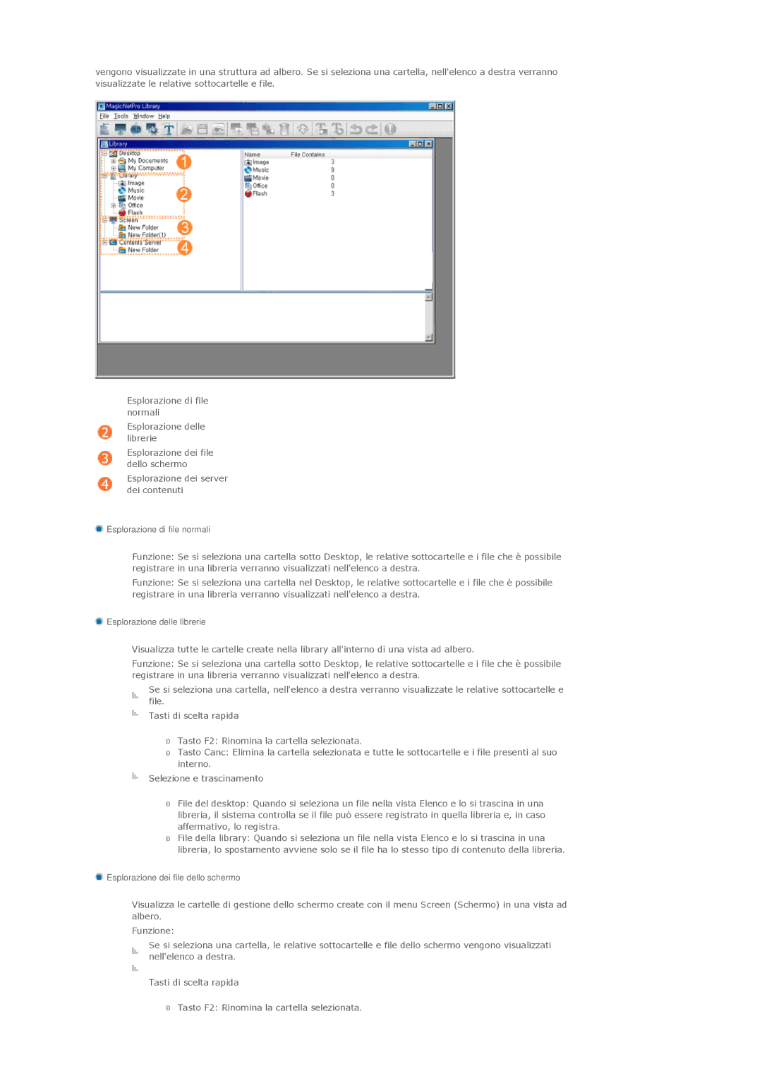 Samsung LS46BPPNB/EDC manual Esplorazione di file normali, Esplorazione delle librerie, Esplorazione dei file dello schermo 