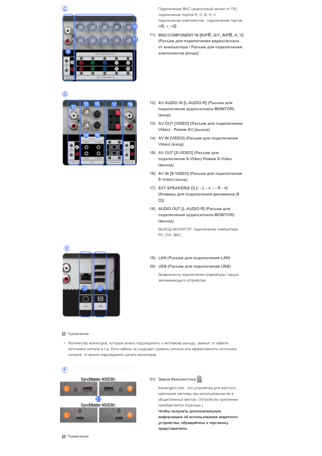 Samsung LS46BPPNB/EDC, LS46BPTNS/EDC, LS40BPTNB/EDC, LS40BPTNS/EDC, LS40BPPNB/EDC, LS46BPPNS/EDC manual 21 Замок Кенсингтона 