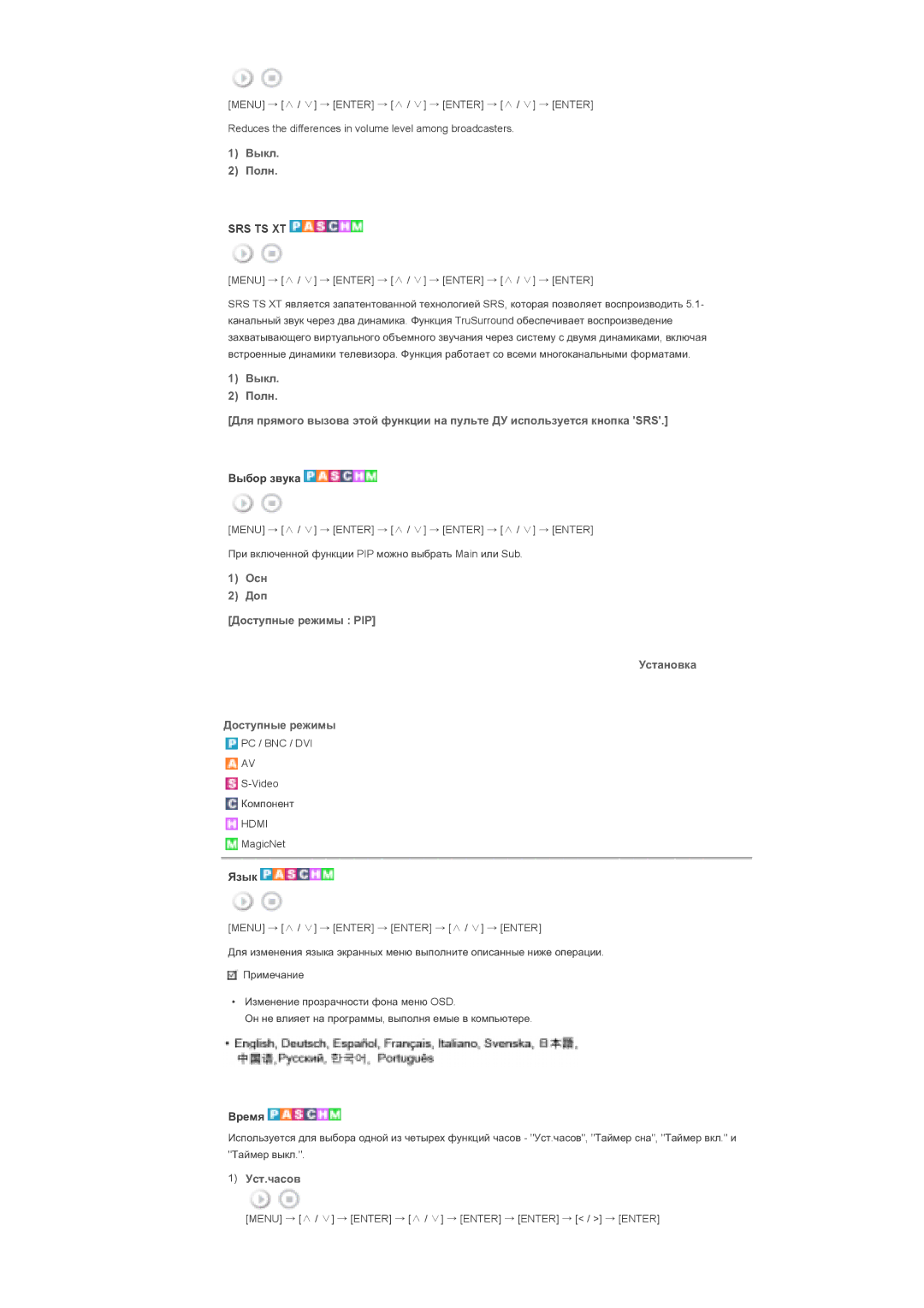 Samsung LS40BPTNS/EDC, LS46BPTNS/EDC manual Ȼɵɛɨɪ ɡɜɭɤɚ, Ɉɫɧ Ⱦɨɩ Ⱦɨɫɬɭɩɧɵɟ ɪɟɠɢɦɵ PIP Ɍɫɬɚɧɨɜɤɚ, Əɡɵɤ, Ȼɪɟɦɹ, Ɍɫɬ.ɱɚɫɨɜ 