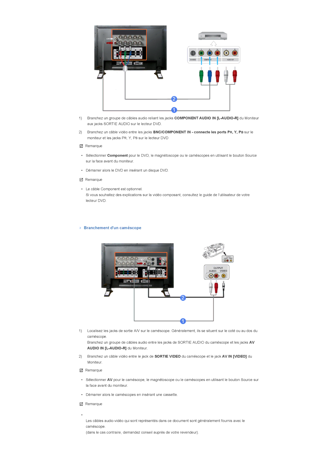 Samsung LS46BPTNB/EDC, LS46BPTNS/EDC manual Branchement dun caméscope 