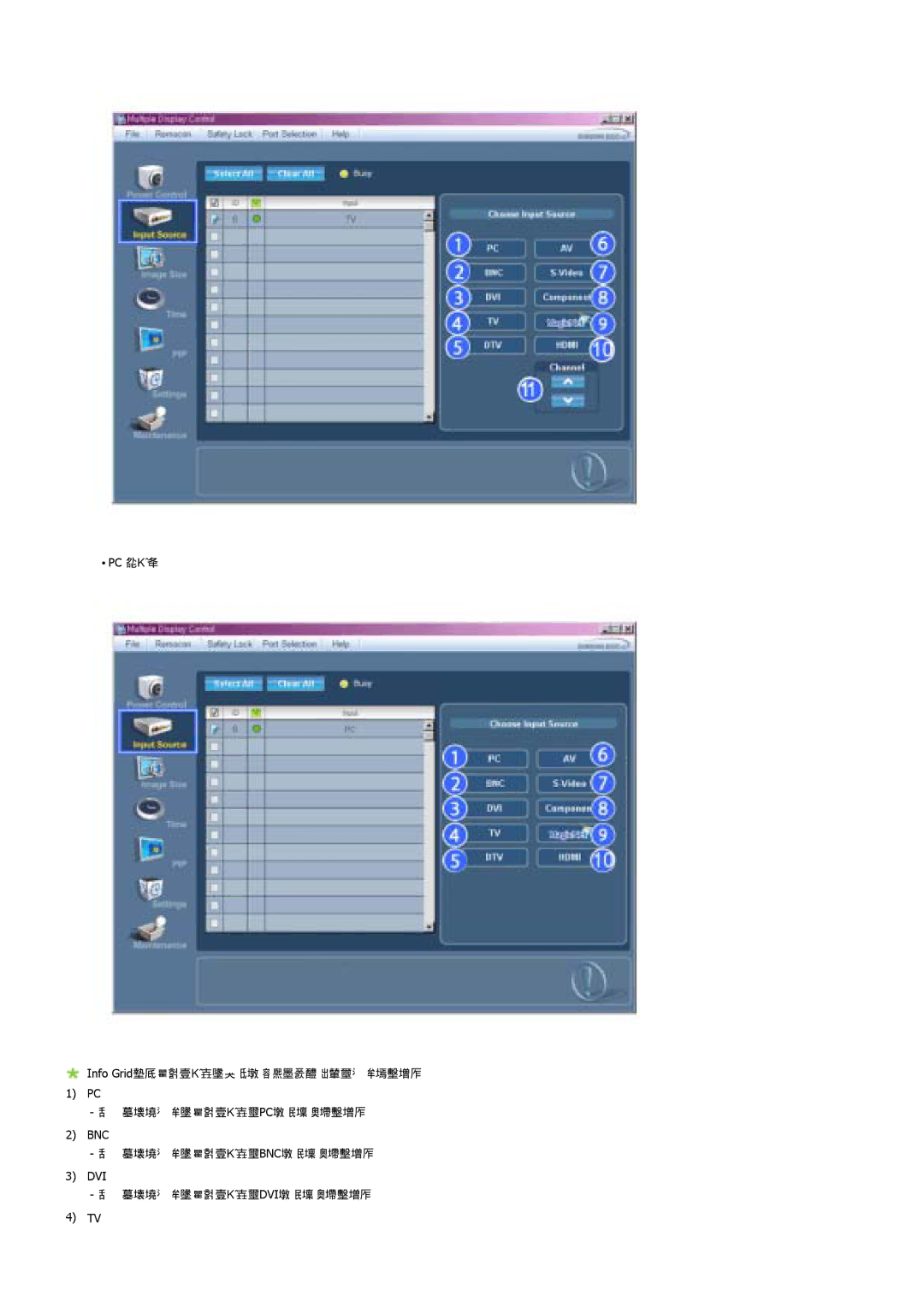 Samsung LS40BPTNSF/XSJ, LS46BPTNS/XSJ, LS46BPTNSF/XSJ manual PC 䯃 Info Grid BNC DVI 